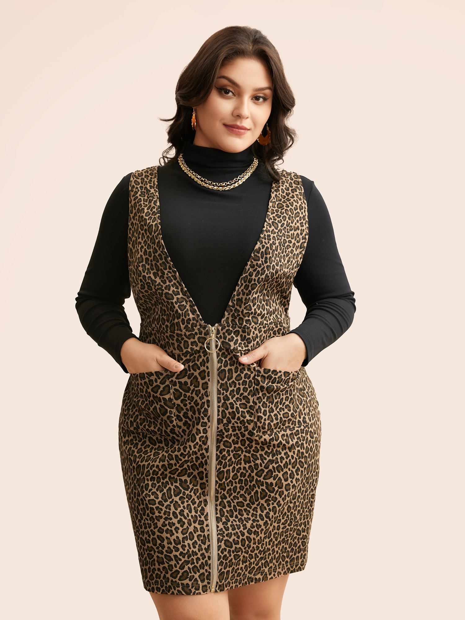 

Plus Size Leopard Print O Ring Zipper Dress Leopard Women Elegant Non Deep V-neck Sleeveless Curvy BloomChic