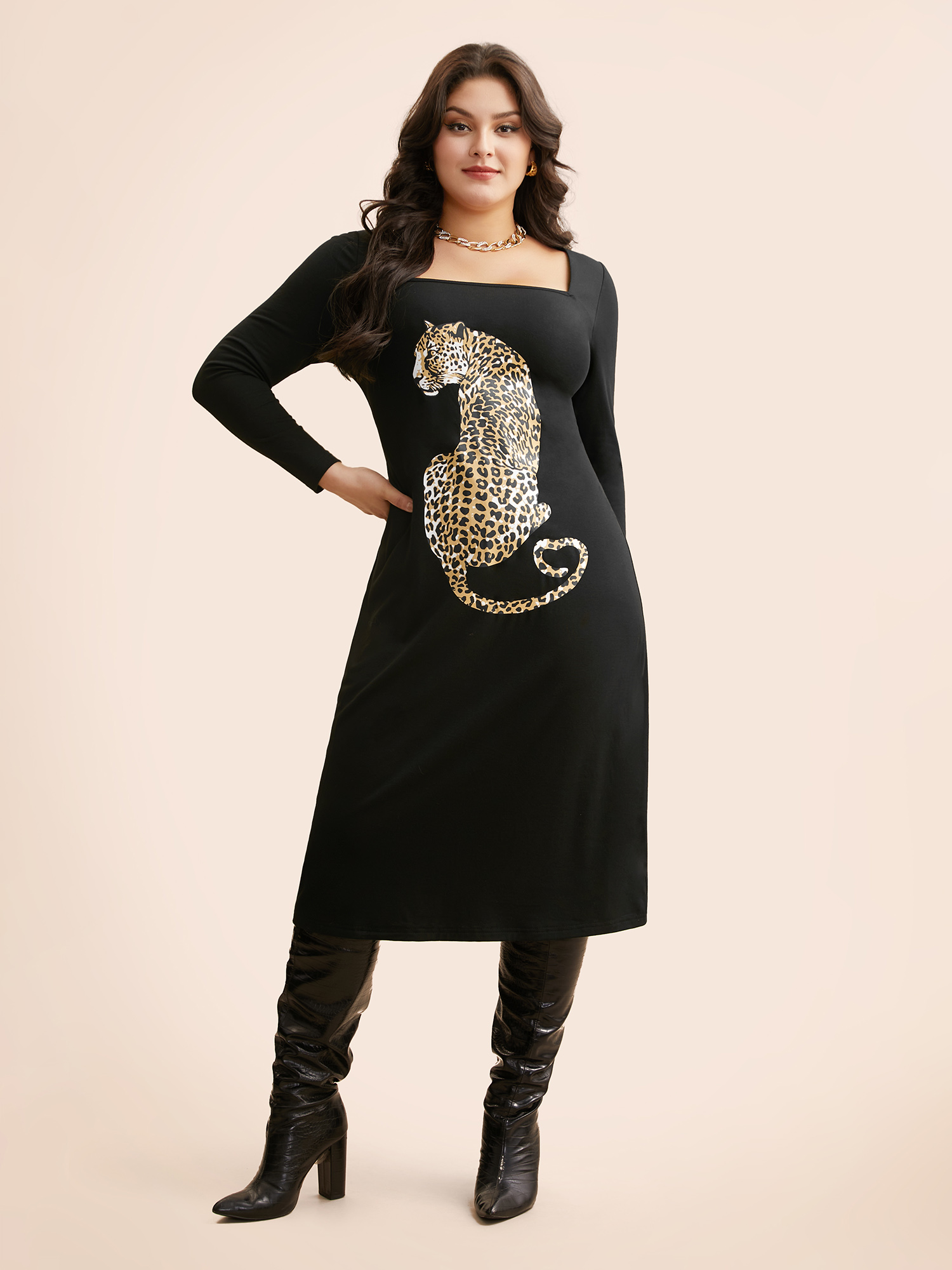 

Plus Size Leopard Print Square Neck Tie Knot Dress Black Women Elegant Tie knot Square Neck Long Sleeve Curvy BloomChic