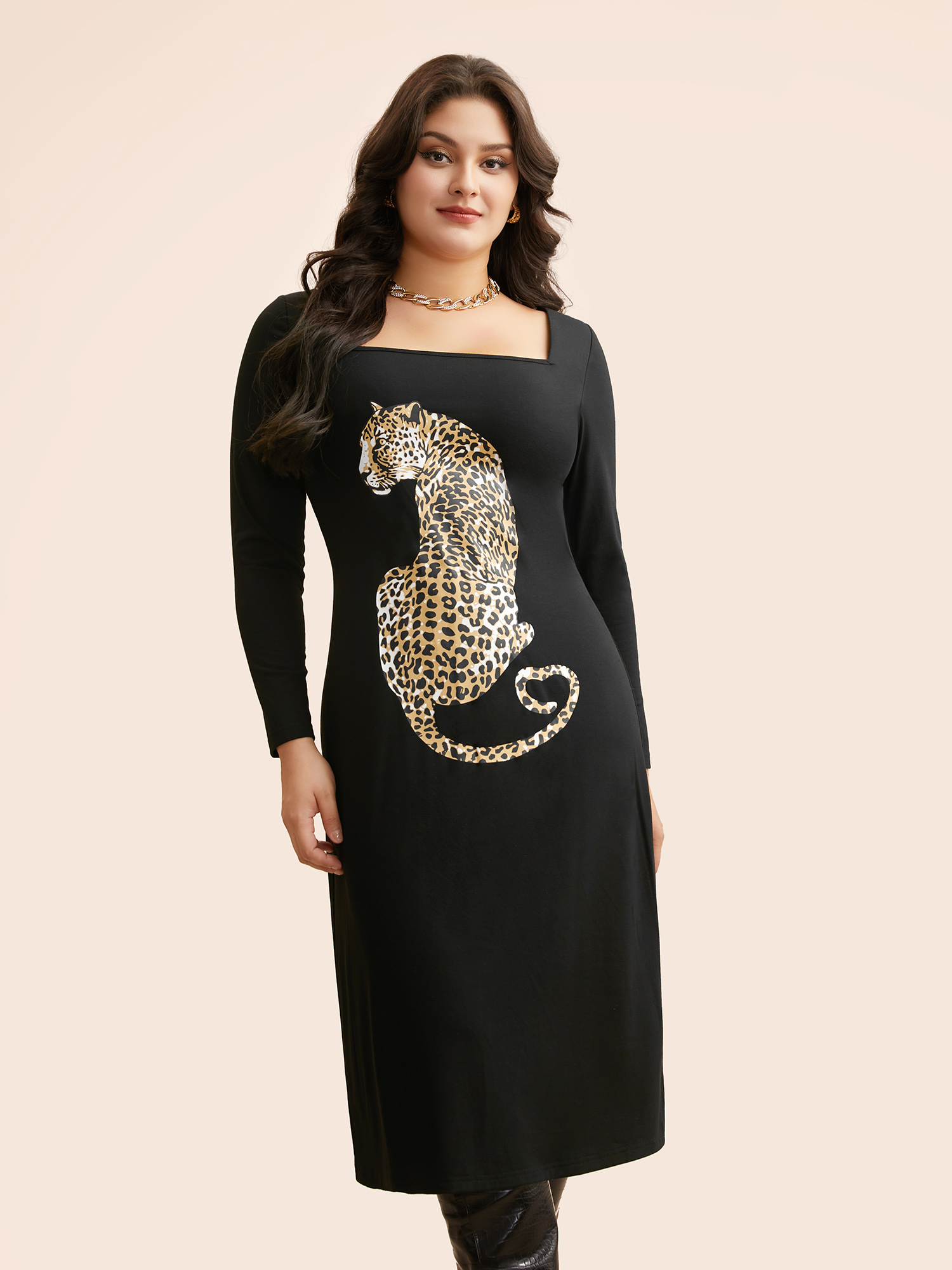 Plus Size Leopard Print Square Neck Tie Knot Dress Black Women Elegant Tie knot Square Neck Long Sleeve Curvy BloomChic 28/5X 