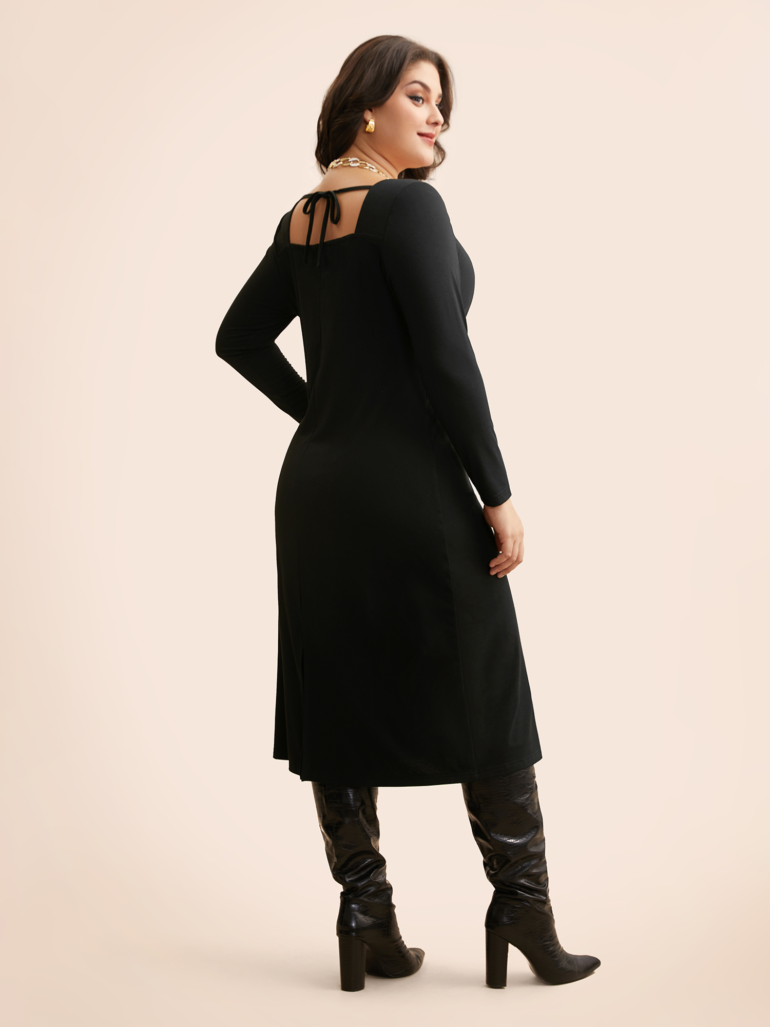 Plus Size Leopard Print Square Neck Tie Knot Dress Black Women Elegant Tie knot Square Neck Long Sleeve Curvy BloomChic 28/5X 