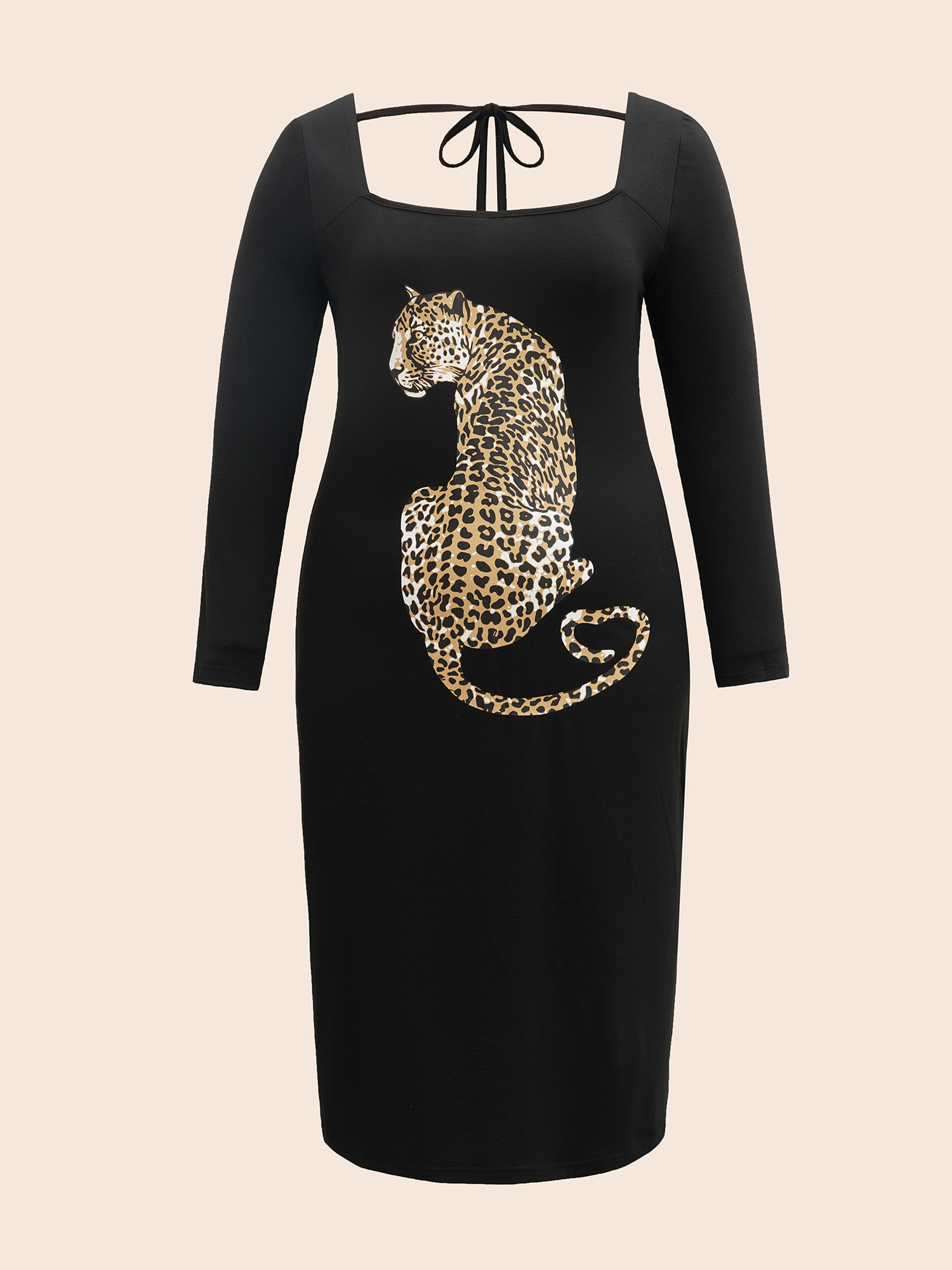 Plus Size Leopard Print Square Neck Tie Knot Dress Black Women Elegant Tie knot Square Neck Long Sleeve Curvy BloomChic 28/5X 
