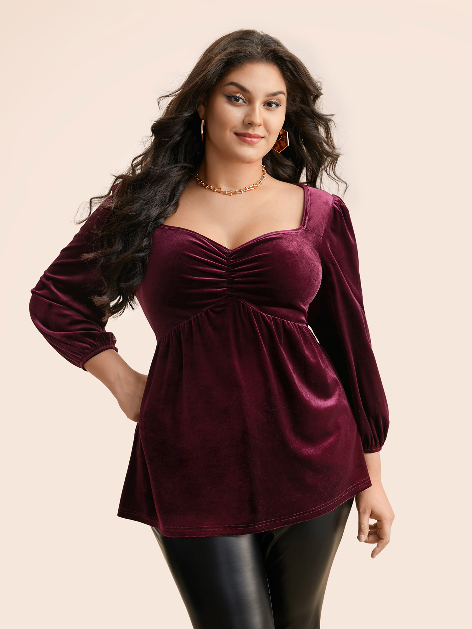 

Plus Size Burgundy Velvet Heart Neckline Gathered Blouse Women Elegant Three Quater Length Sleeve Heart neckline Everyday Blouses BloomChic