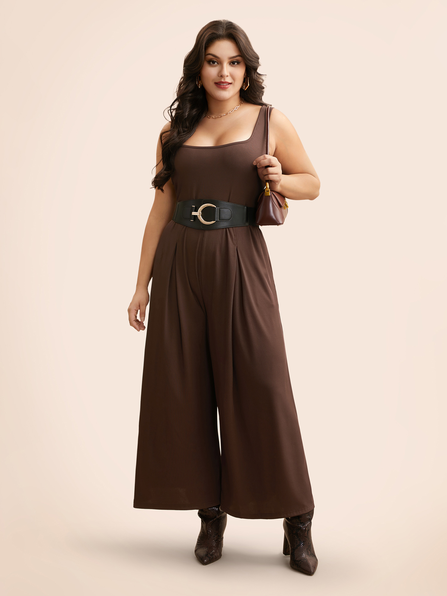 

Plus Size Browncoffeecolor Rib Knit Plicated Detail Jumpsuit Women Elegant Sleeveless Square Neck Everyday Loose Jumpsuits BloomChic