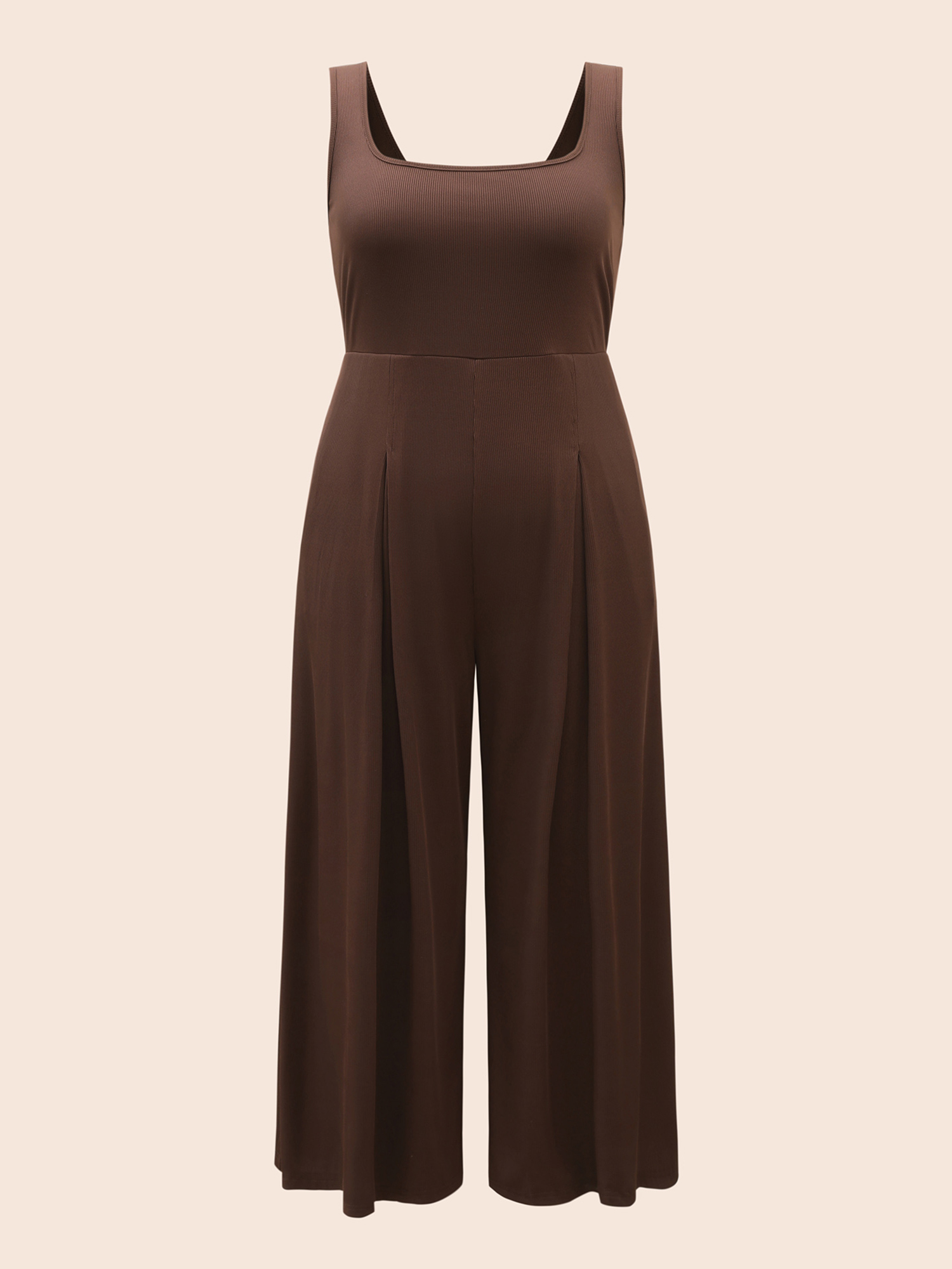 

Plus Size Browncoffeecolor Rib Knit Plicated Detail Jumpsuit Women Elegant Sleeveless Square Neck Everyday Loose Jumpsuits BloomChic