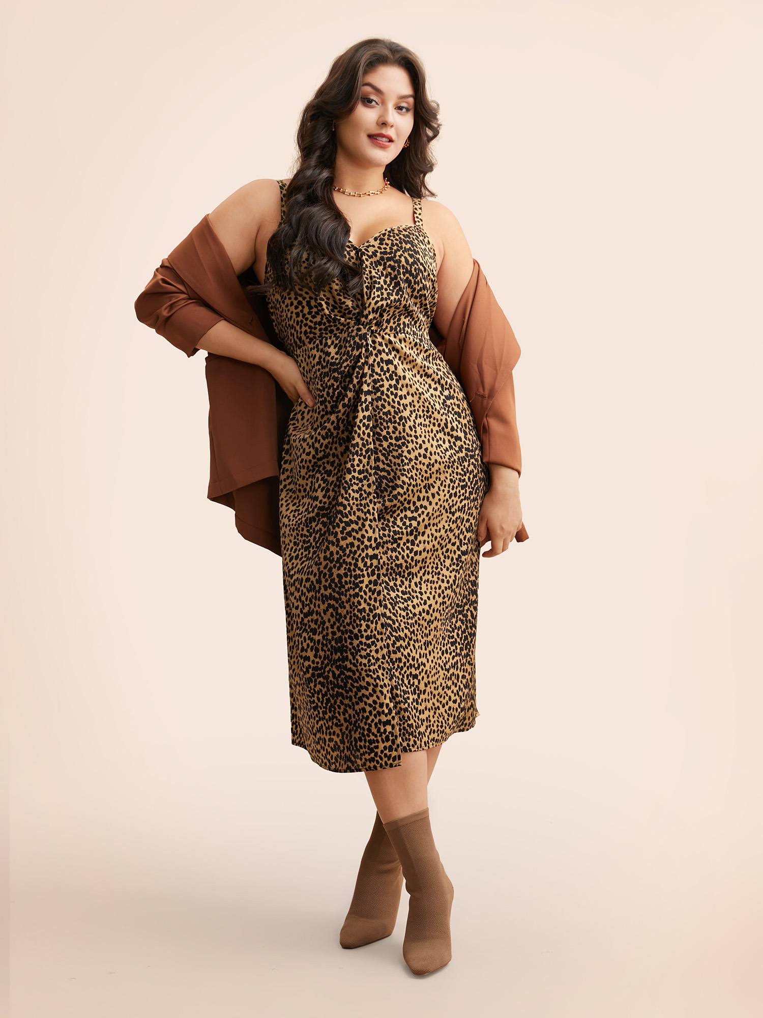 

Plus Size Leopard Print Twist Front Cami Dress Bronze Women Elegant Twist Heart neckline Sleeveless Curvy BloomChic