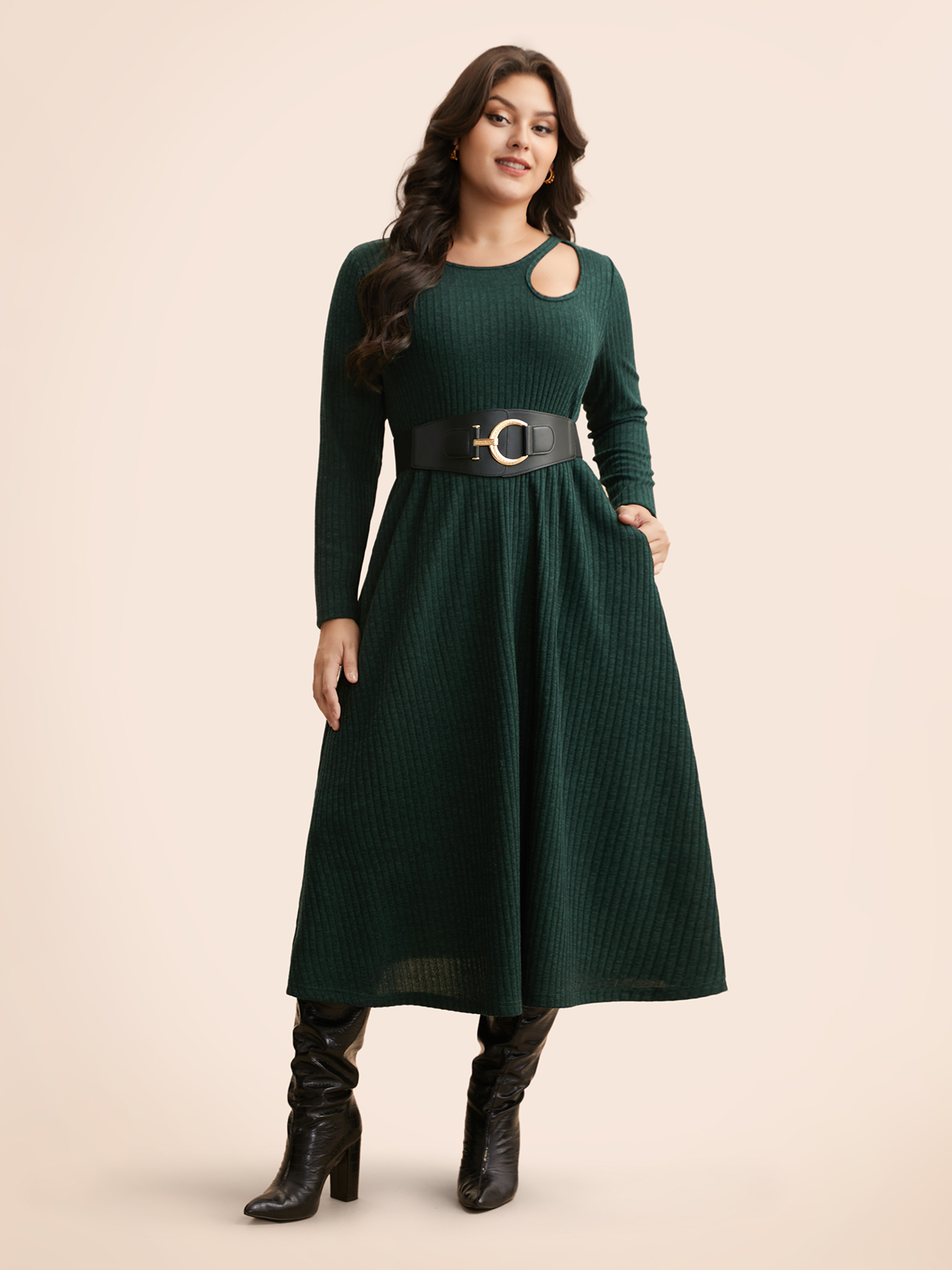 

Plus Size Rib Knit Asymmetrical Neck Midi Dress DarkGreen Women Elegant Texture Asymmetrical Neck Long Sleeve Curvy BloomChic