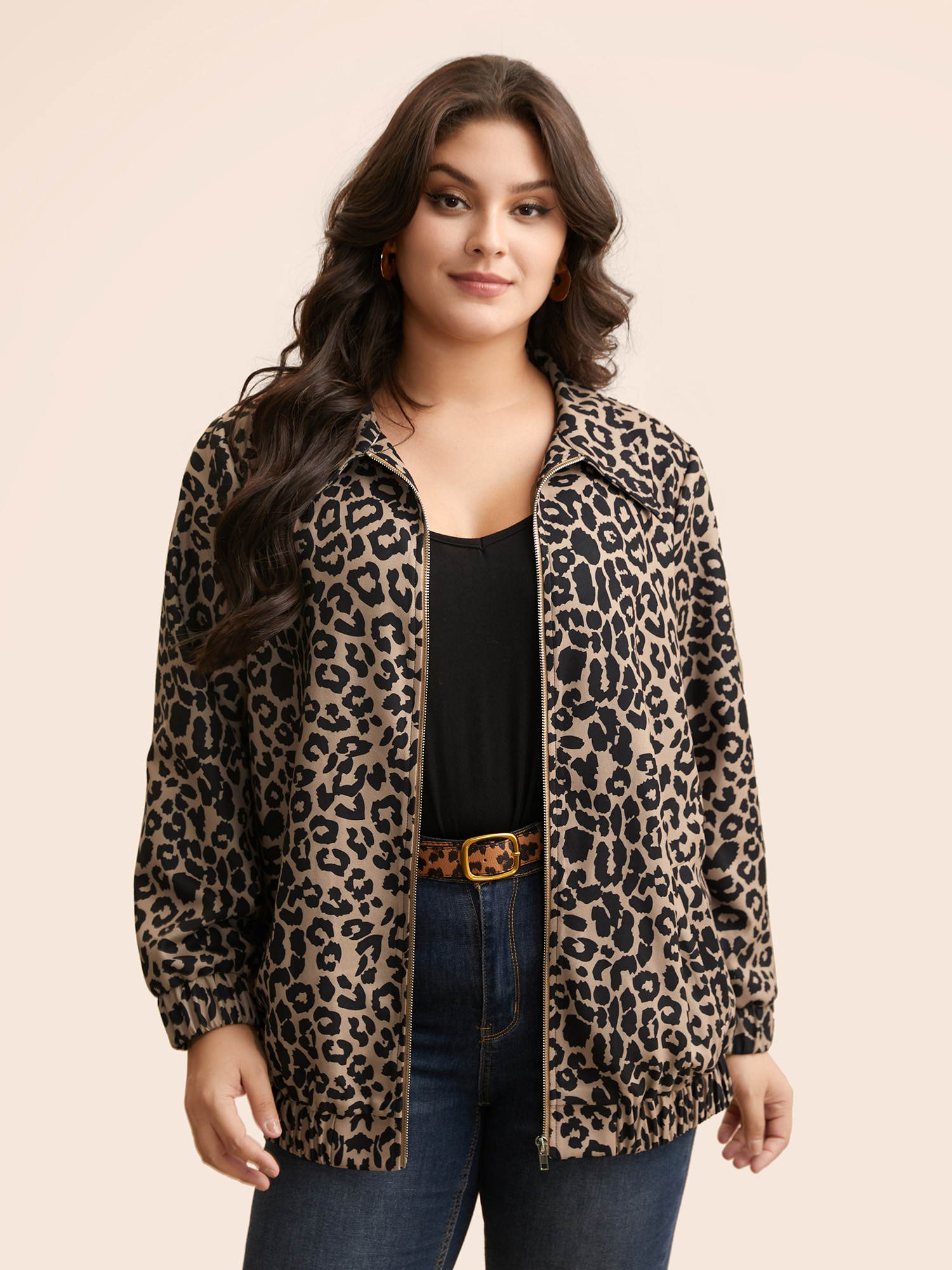 

Plus Size Leopard Print Zipper Pocket Jacket Women LightBrown Non Loose Slanted pocket Everyday Jackets BloomChic