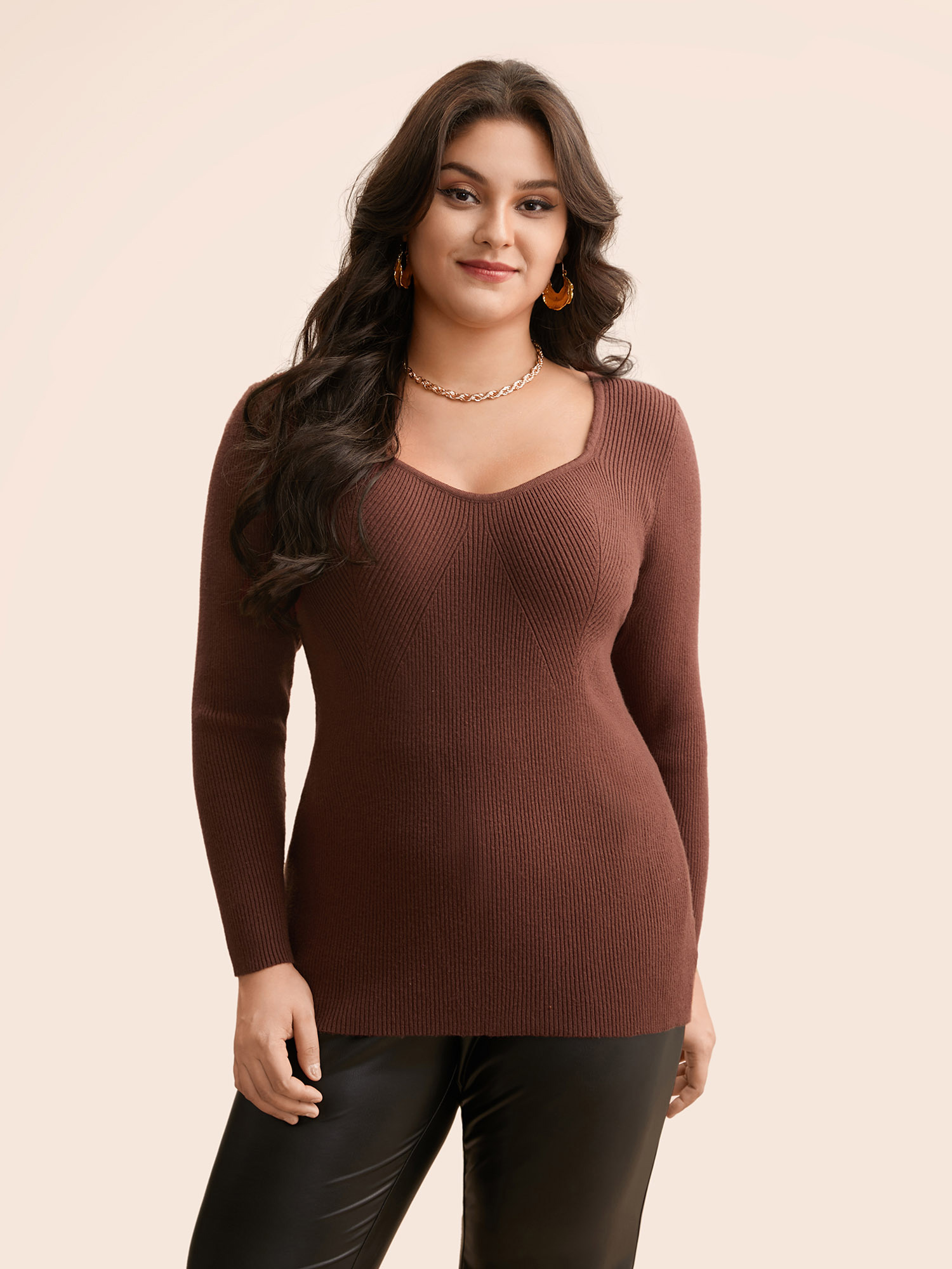 

Plus Size Heart Neckline Pit Strip Pullover Browncoffeecolor Women Resort Skinny Long Sleeve Heart neckline Vacation Pullovers BloomChic