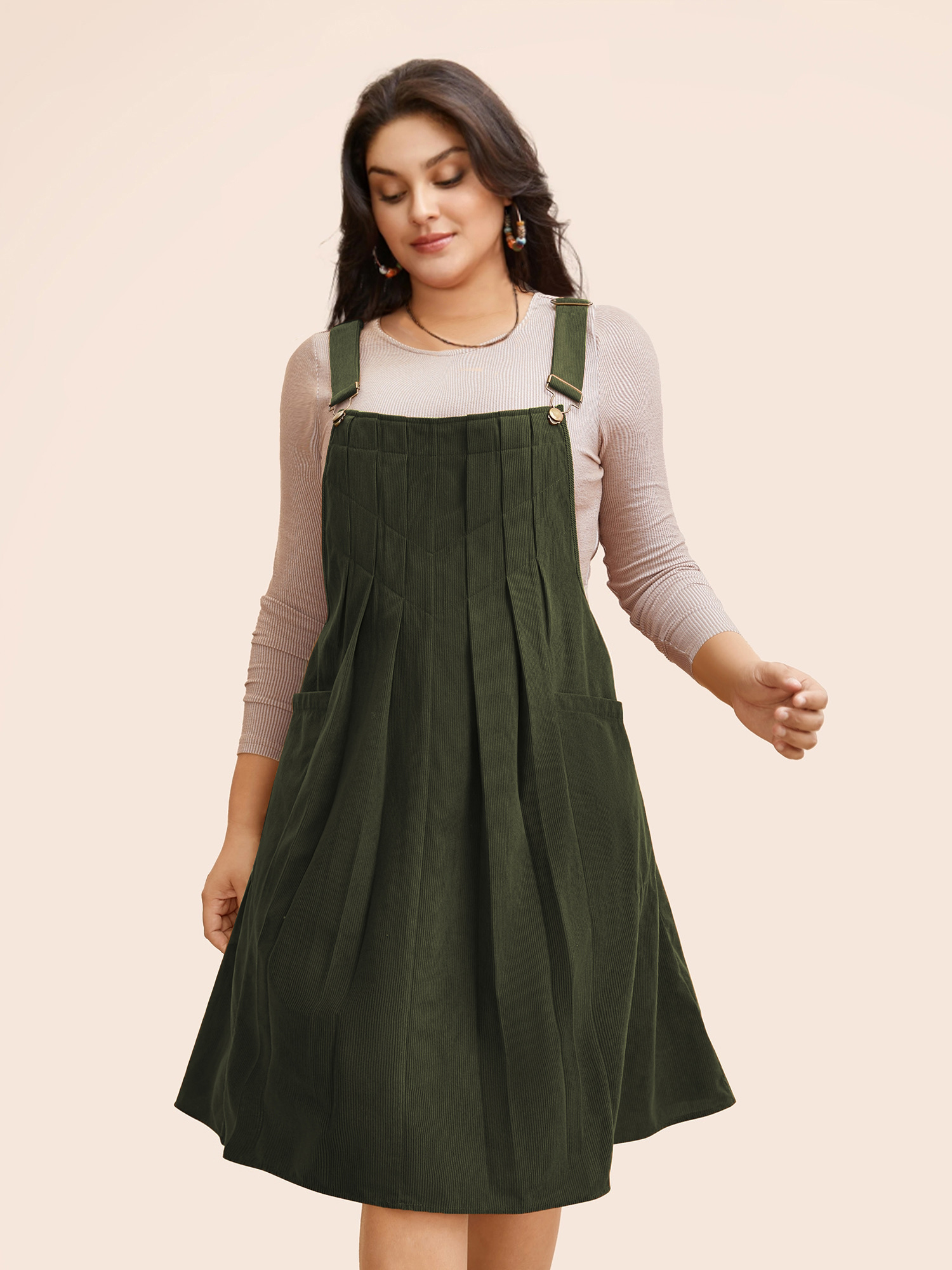 

Plus Size Solid Corduroy Pleated Overall Dress ArmyGreen Women Casual Texture Non Sleeveless Curvy BloomChic