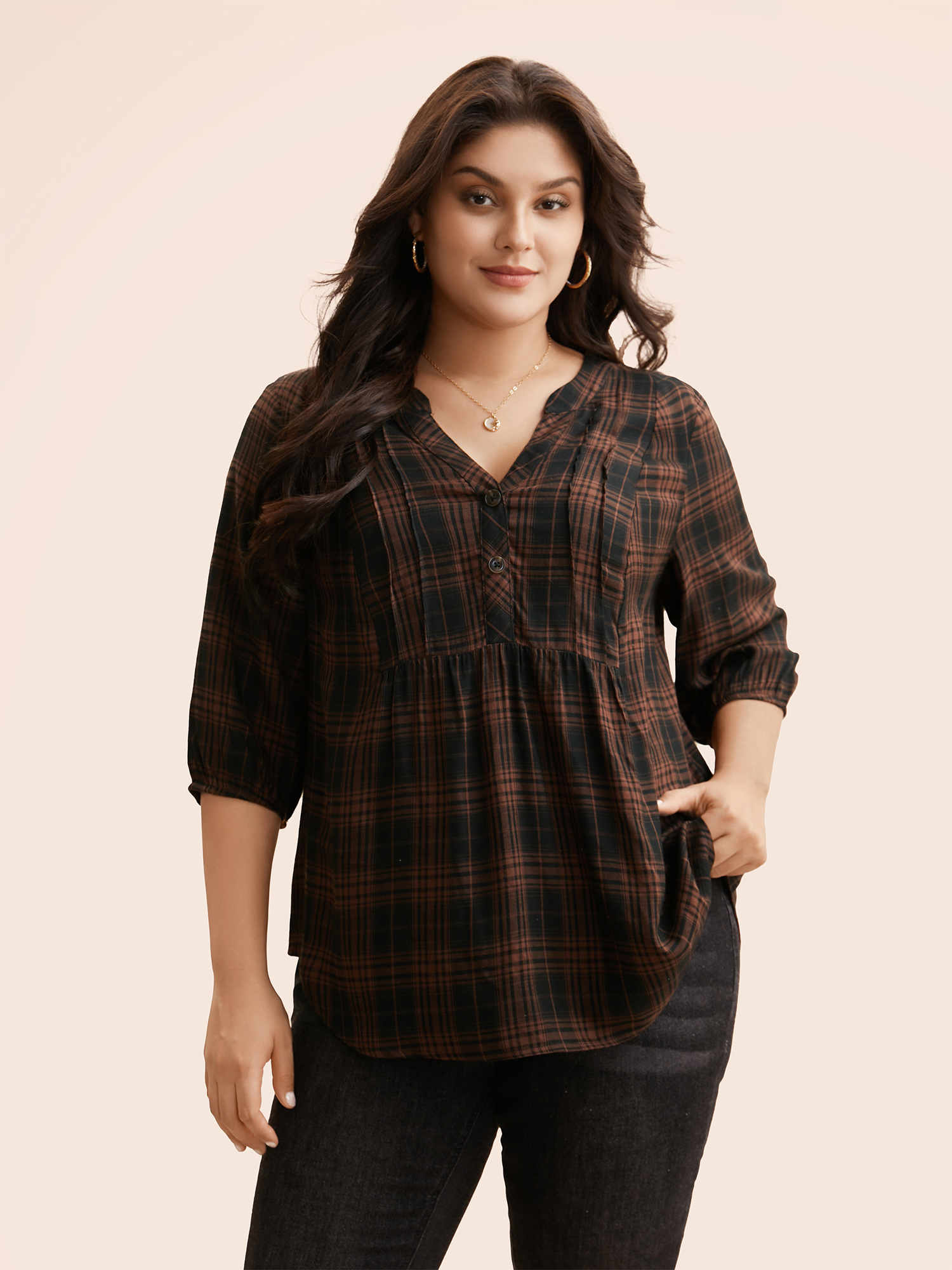 

Plus Size Yellowishbrown Plaid Pleated Button Placket Blouse Women Elegant Elbow-length sleeve Flat collar with V-notch Everyday Blouses BloomChic