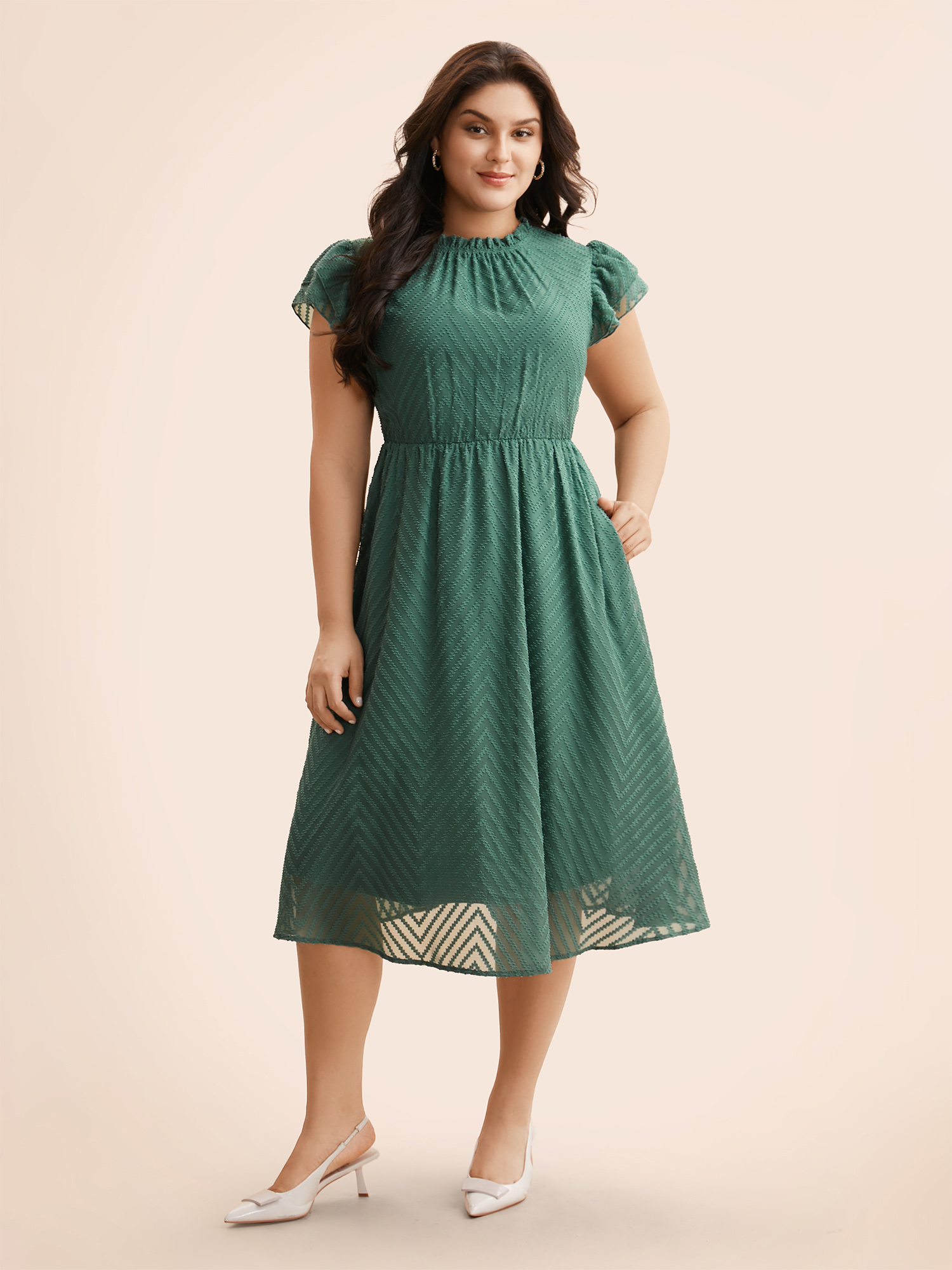 

Plus Size Plain Geometric Layered Sleeve Pocket Ruffle Mock Neck Dress Emerald Women Office See through Round Neck Cap Sleeve Curvy Midi Dress BloomChic