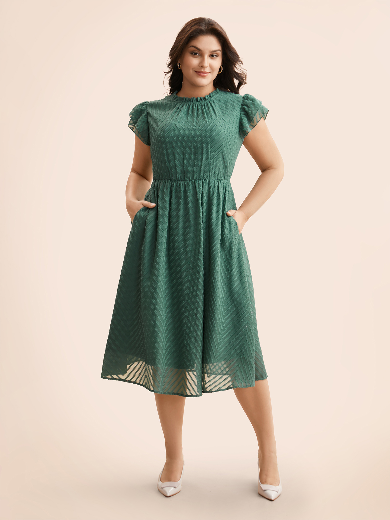 

Plus Size Plain Geometric Layered Sleeve Pocket Ruffle Mock Neck Dress Emerald Women Office See through Round Neck Cap Sleeve Curvy Midi Dress BloomChic