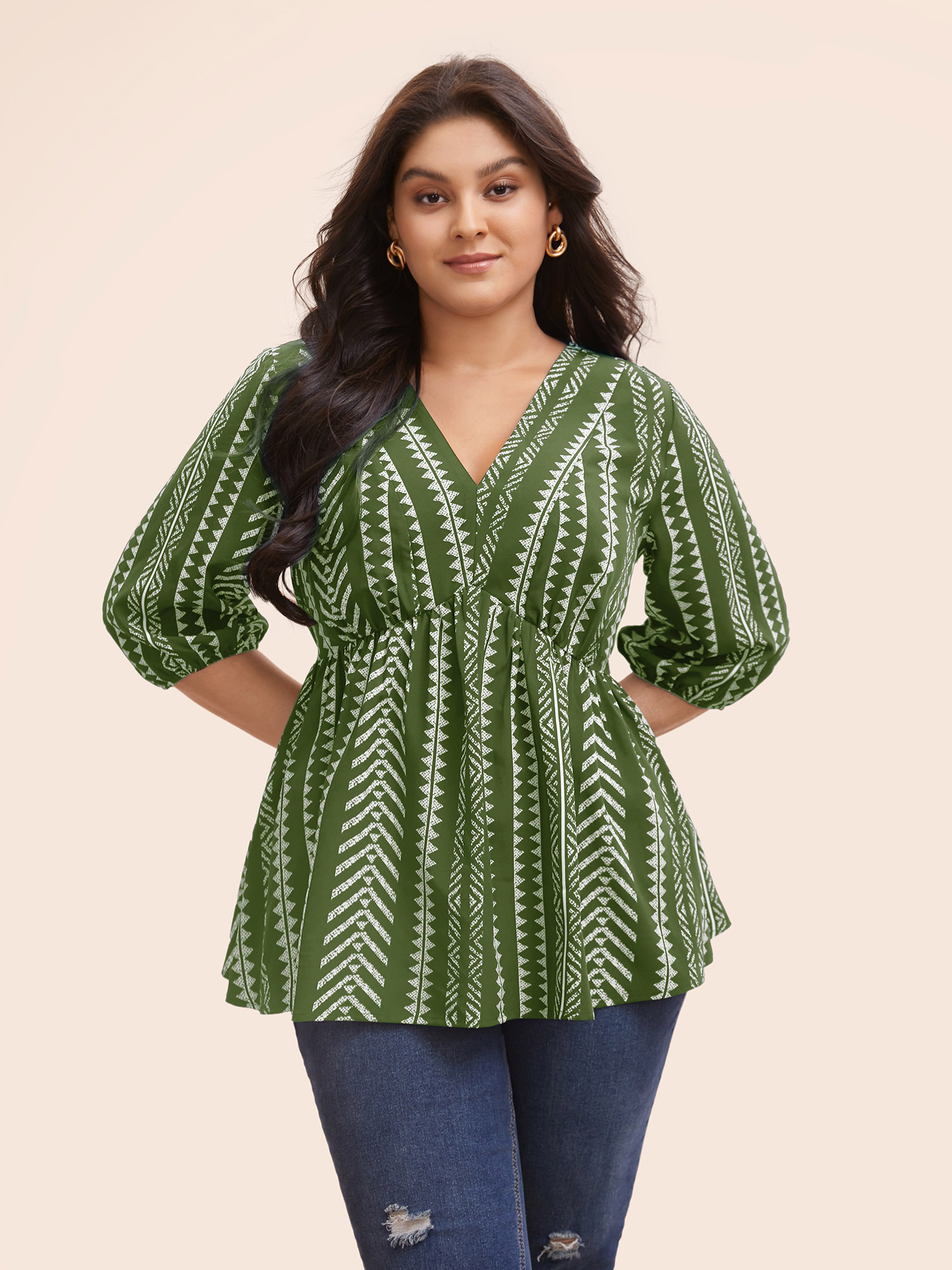 

Plus Size ArmyGreen Bandana Geometric Lantern Sleeve Gathered Blouse Women Resort Elbow-length sleeve V-neck Vacation Blouses BloomChic