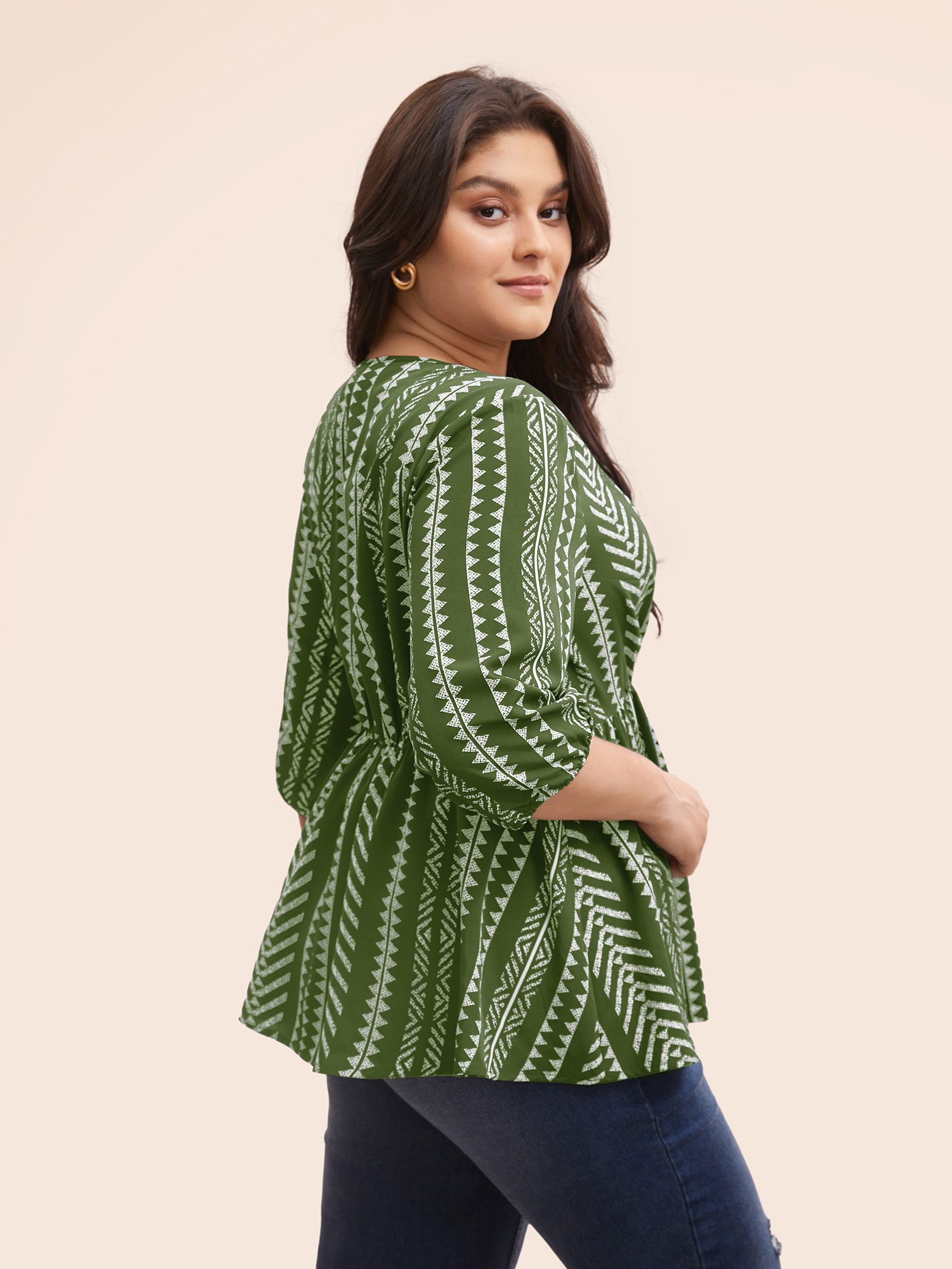 

Plus Size ArmyGreen Bandana Geometric Lantern Sleeve Gathered Blouse Women Resort Elbow-length sleeve V-neck Vacation Blouses BloomChic