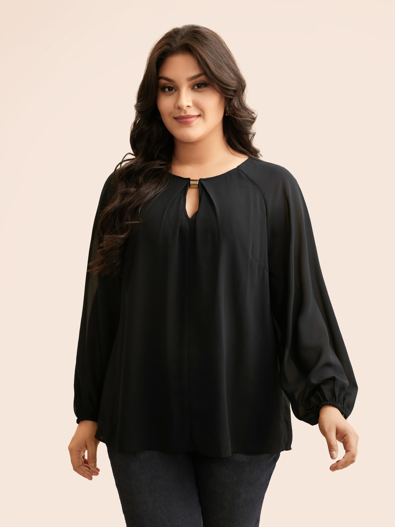 

Plus Size Black Keyhole Metal Detail Gathered Blouse Women Elegant Long Sleeve Asymmetrical Neck Everyday Blouses BloomChic