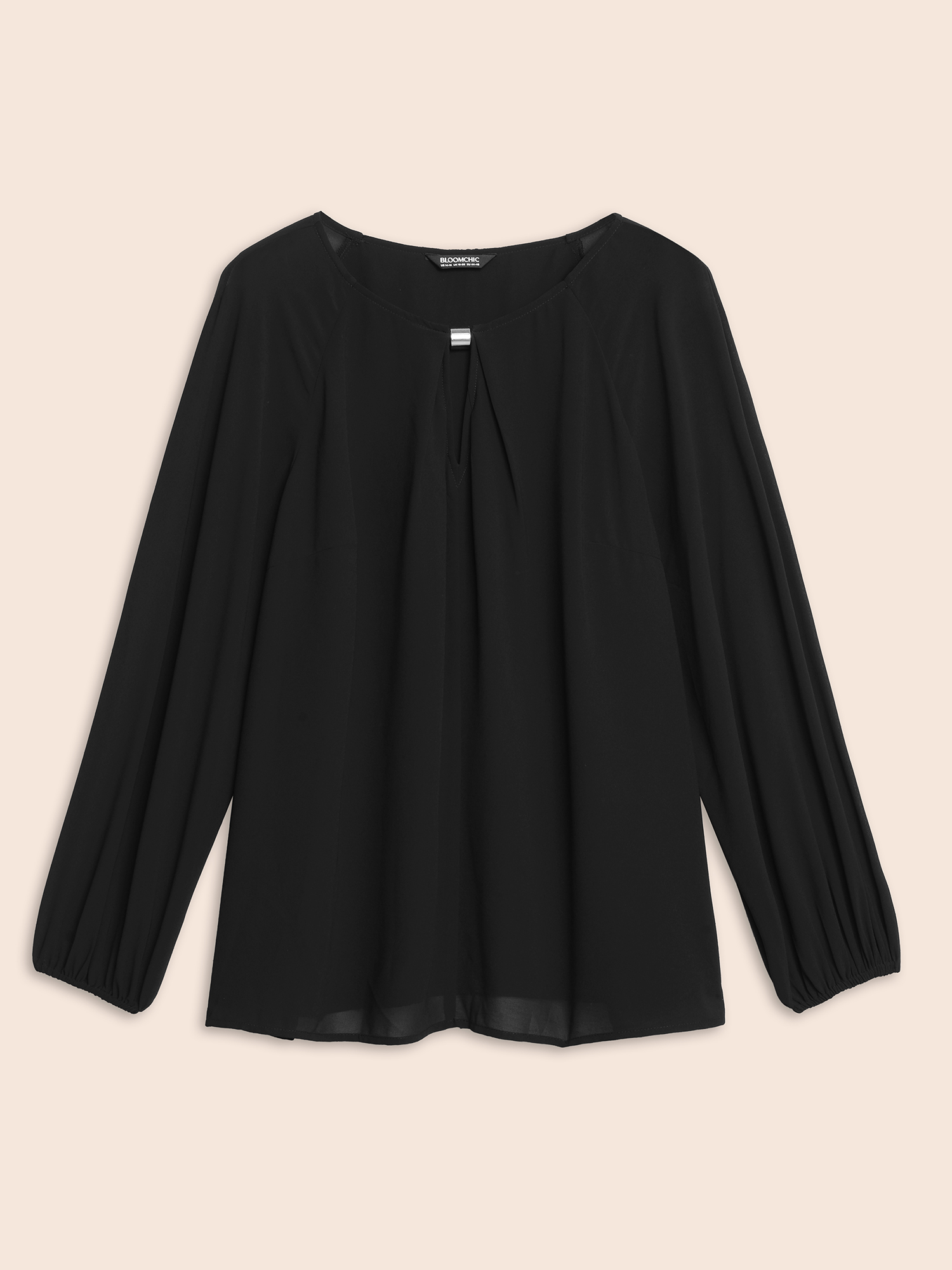 

Plus Size Black Keyhole Metal Detail Gathered Blouse Women Elegant Long Sleeve Asymmetrical Neck Everyday Blouses BloomChic