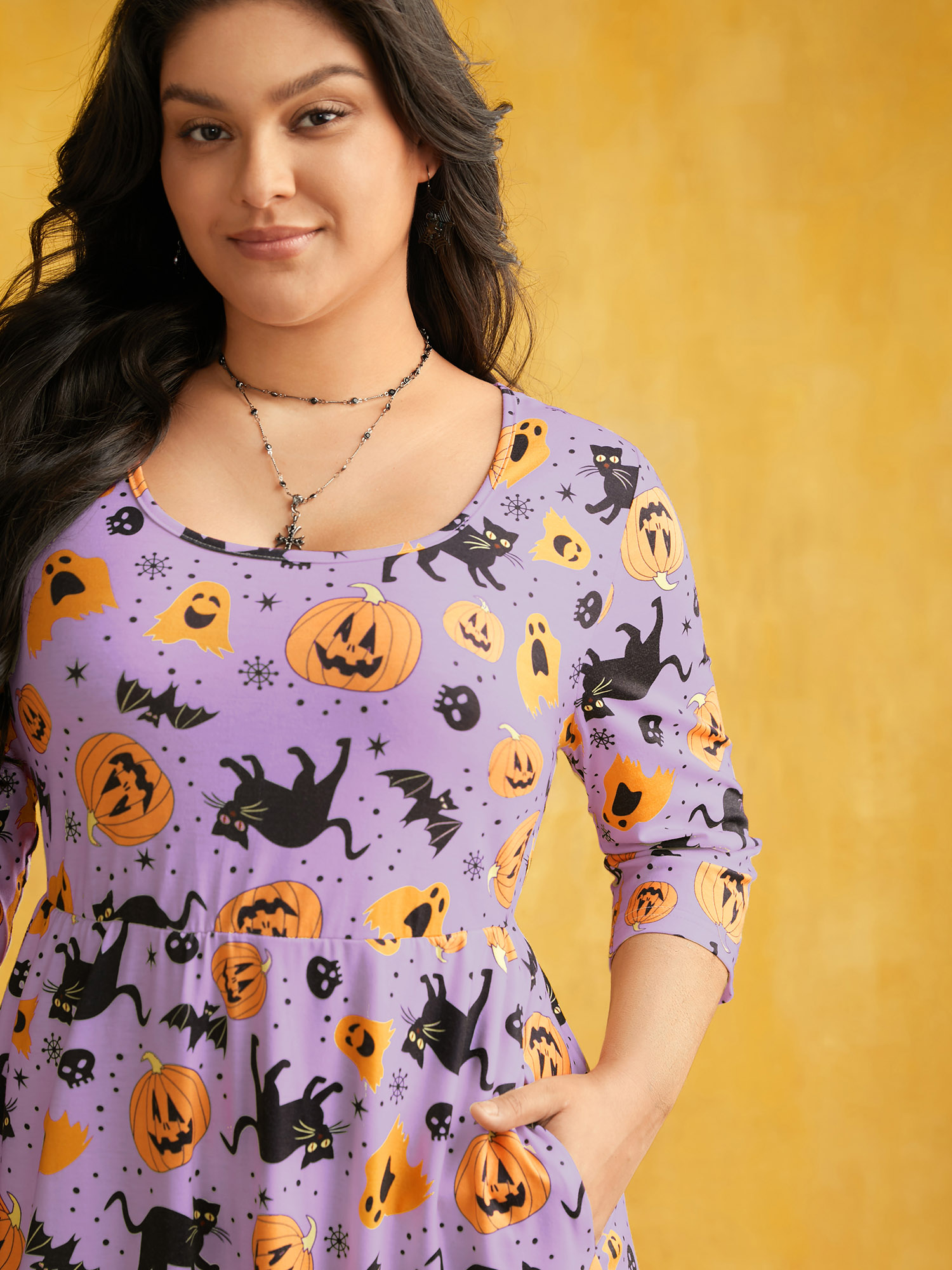 

Plus Size Pumpkin Spiced Elastic Waist Printed Midi Dress Lilac Women Cocktail Non Party Curvy Bloomchic