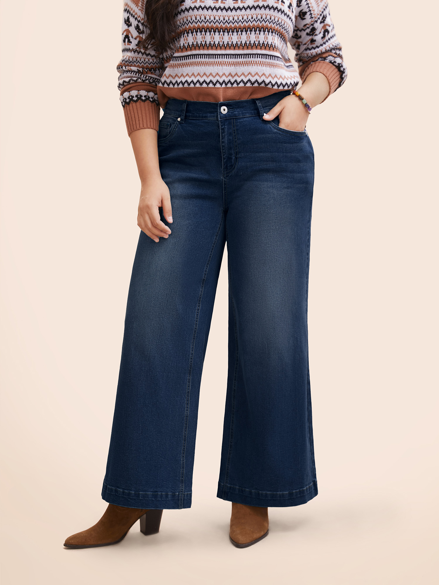 

Plus Size Stretch Denim Wide Leg Cut Jeans Women Denimindigo Casual Button Medium stretch Slanted pocket Jeans BloomChic