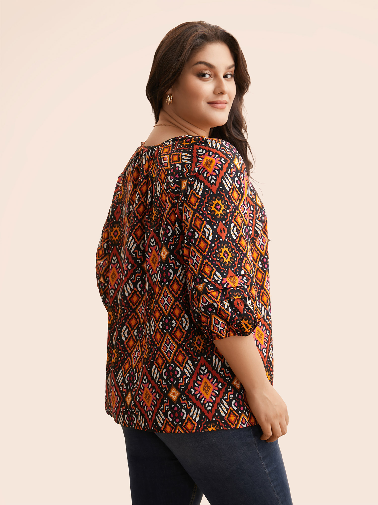 

Plus Size Black Bandana Geometric Pleated Lantern Sleeve Blouse Women Elegant Elbow-length sleeve V-neck Everyday Blouses BloomChic