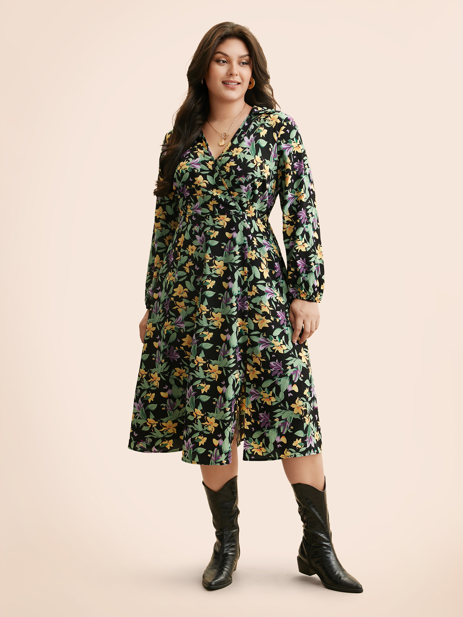 

Plus Size Floral Overlap Collar Lantern Sleeve Dress Black Women Elegant Non Overlap Collar Long Sleeve Curvy BloomChic