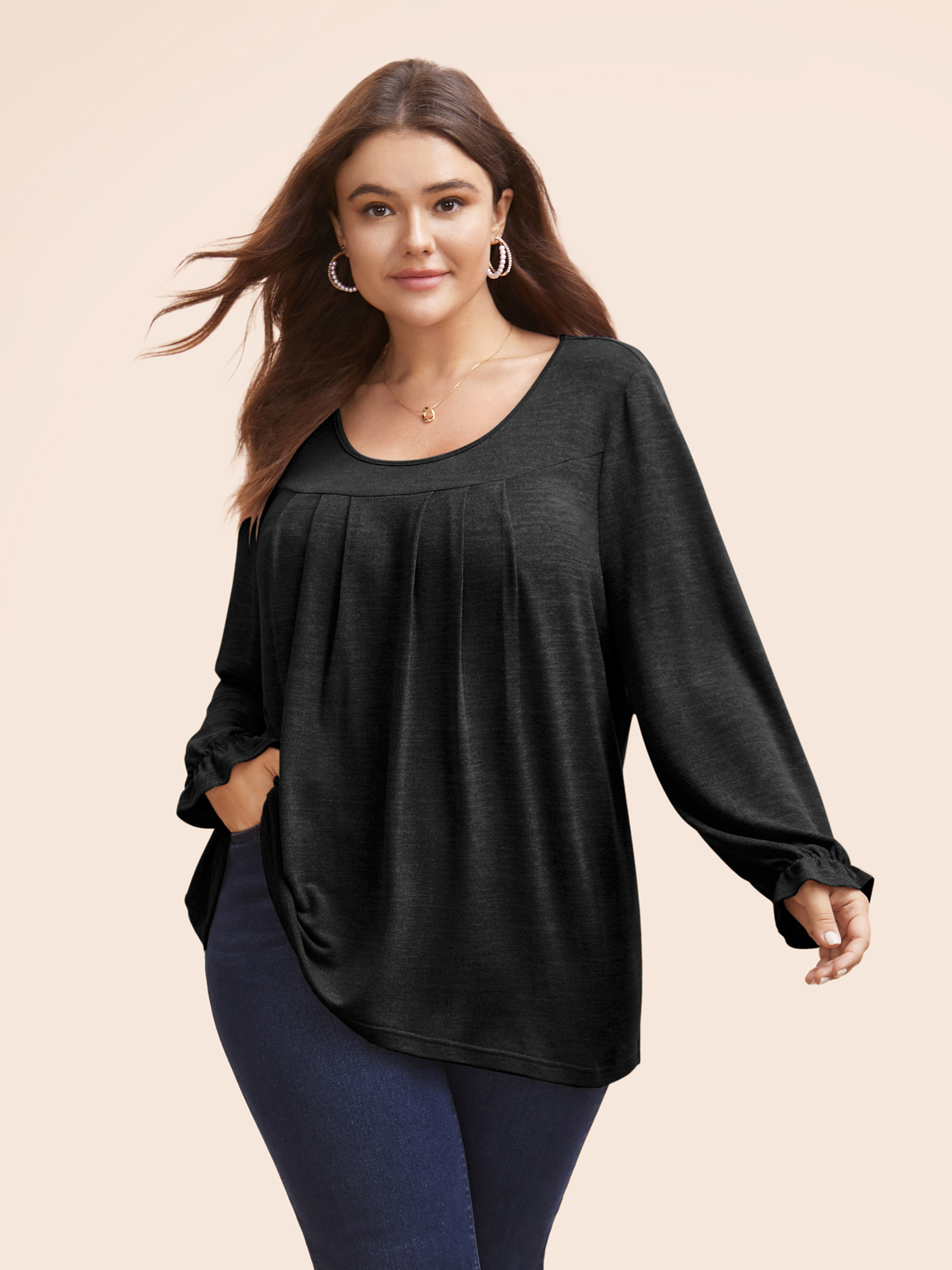 

Plus Size Round Neck Heather Pleated T-shirt Black Women Elegant Pleated Round Neck Loose Everyday T-shirts BloomChic