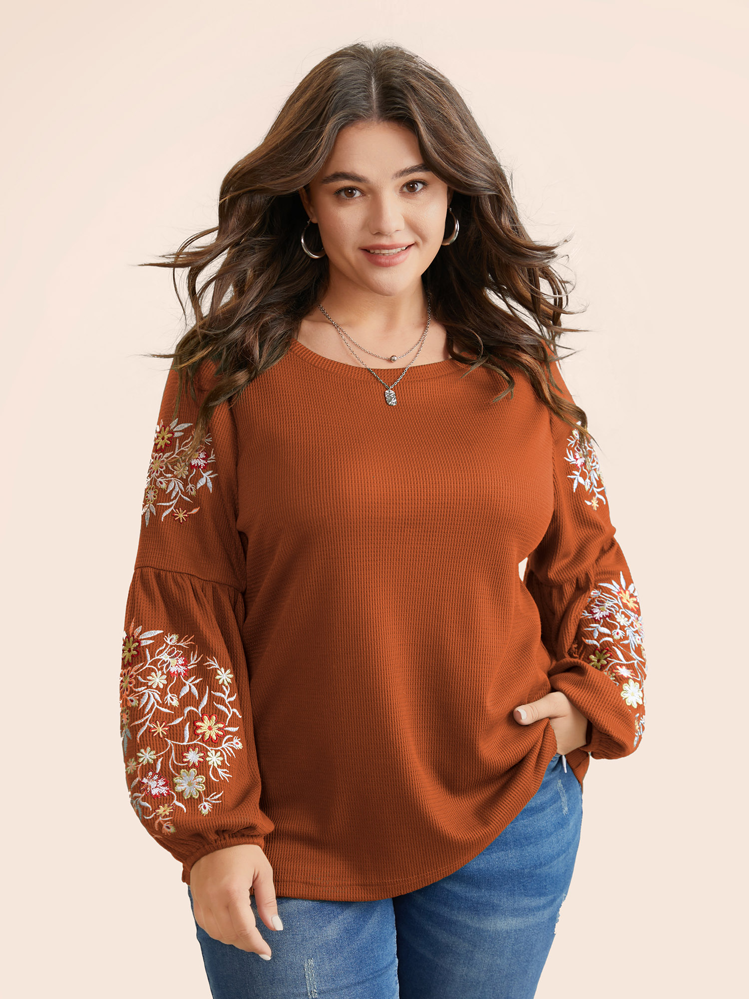 

Plus Size Waffle Knit Floral Embroidered Lantern Sleeve T-shirt Rust Women Elegant Texture Floral Round Neck Everyday T-shirts BloomChic