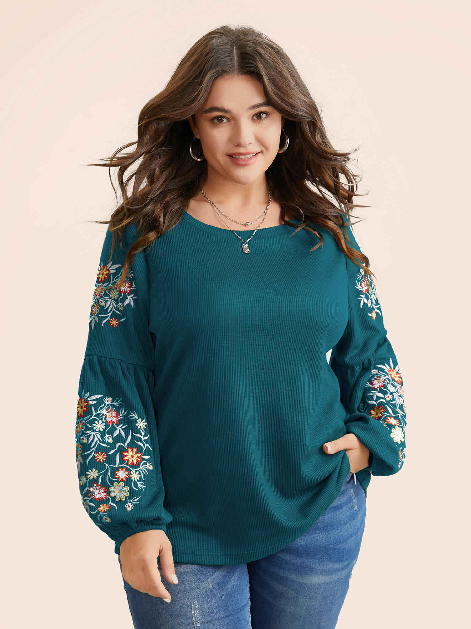 

Plus Size Waffle Knit Floral Embroidered Lantern Sleeve T-shirt Cyan Women Elegant Texture Floral Round Neck Everyday T-shirts BloomChic