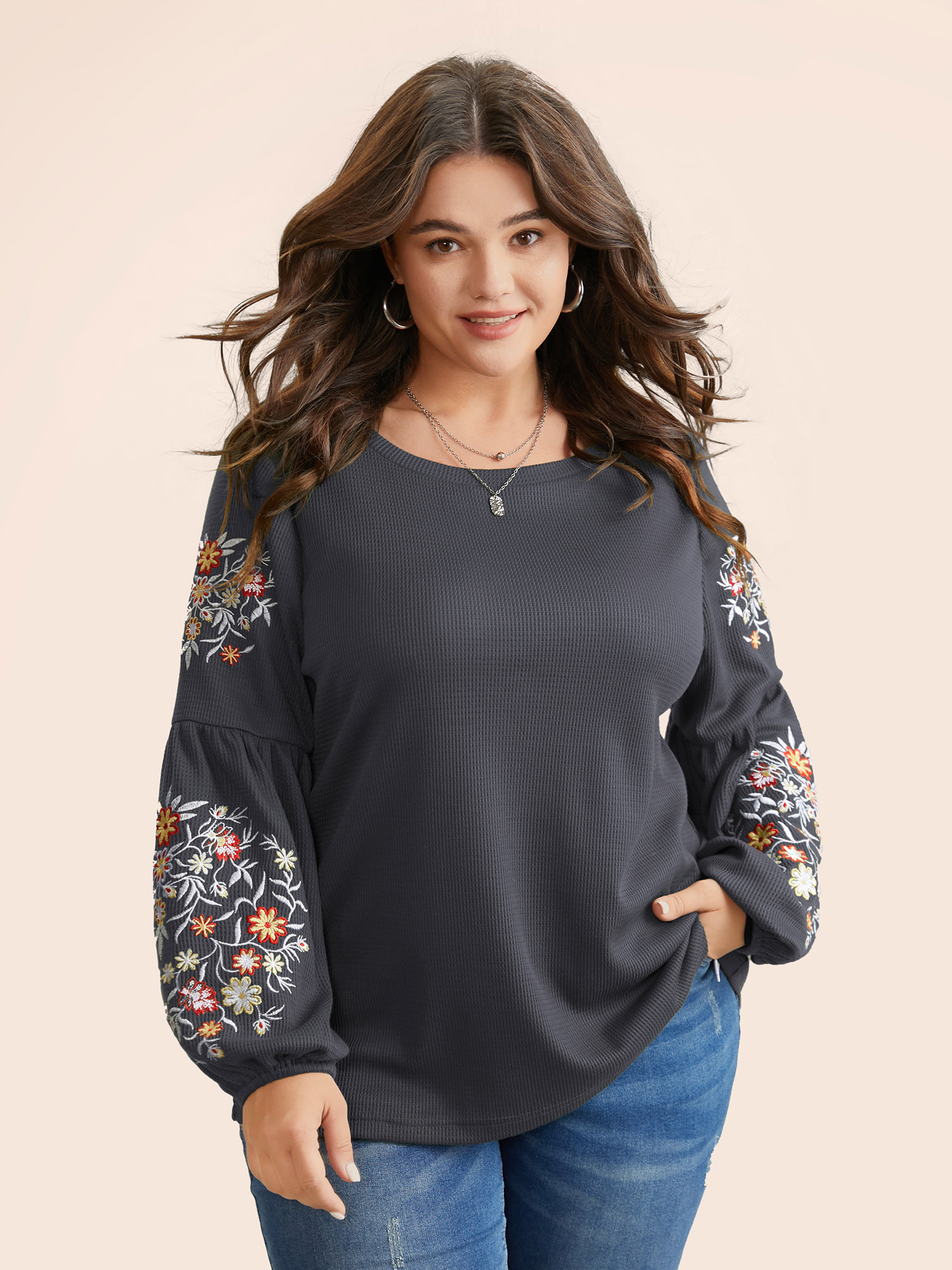 

Plus Size Waffle Knit Floral Embroidered Lantern Sleeve T-shirt DimGray Women Elegant Texture Floral Round Neck Everyday T-shirts BloomChic