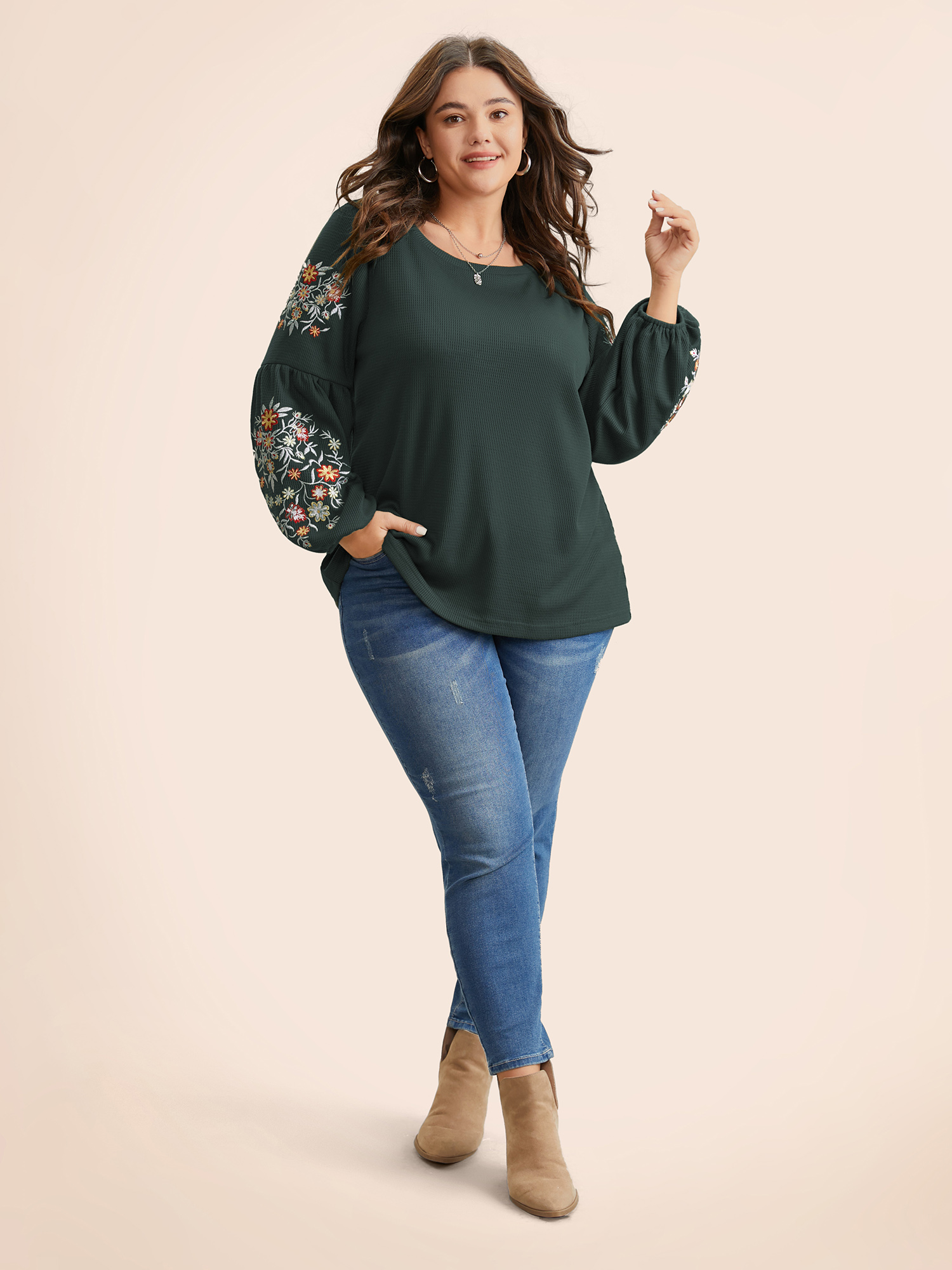 

Plus Size Waffle Knit Floral Embroidered Lantern Sleeve T-shirt DarkGreen Women Elegant Texture Floral Round Neck Everyday T-shirts BloomChic