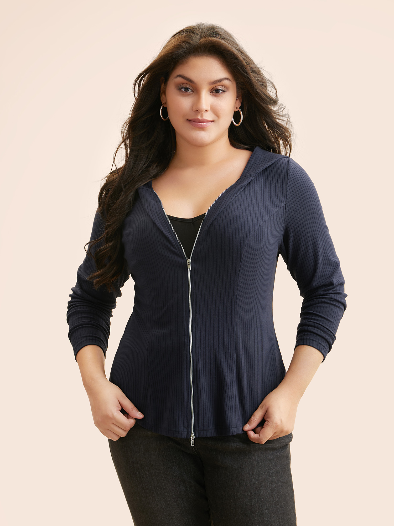 

Plus Size Pit Strip Hooded Slim Fit T-shirt Indigo Hooded Long Sleeve Elegant Jersey Tops