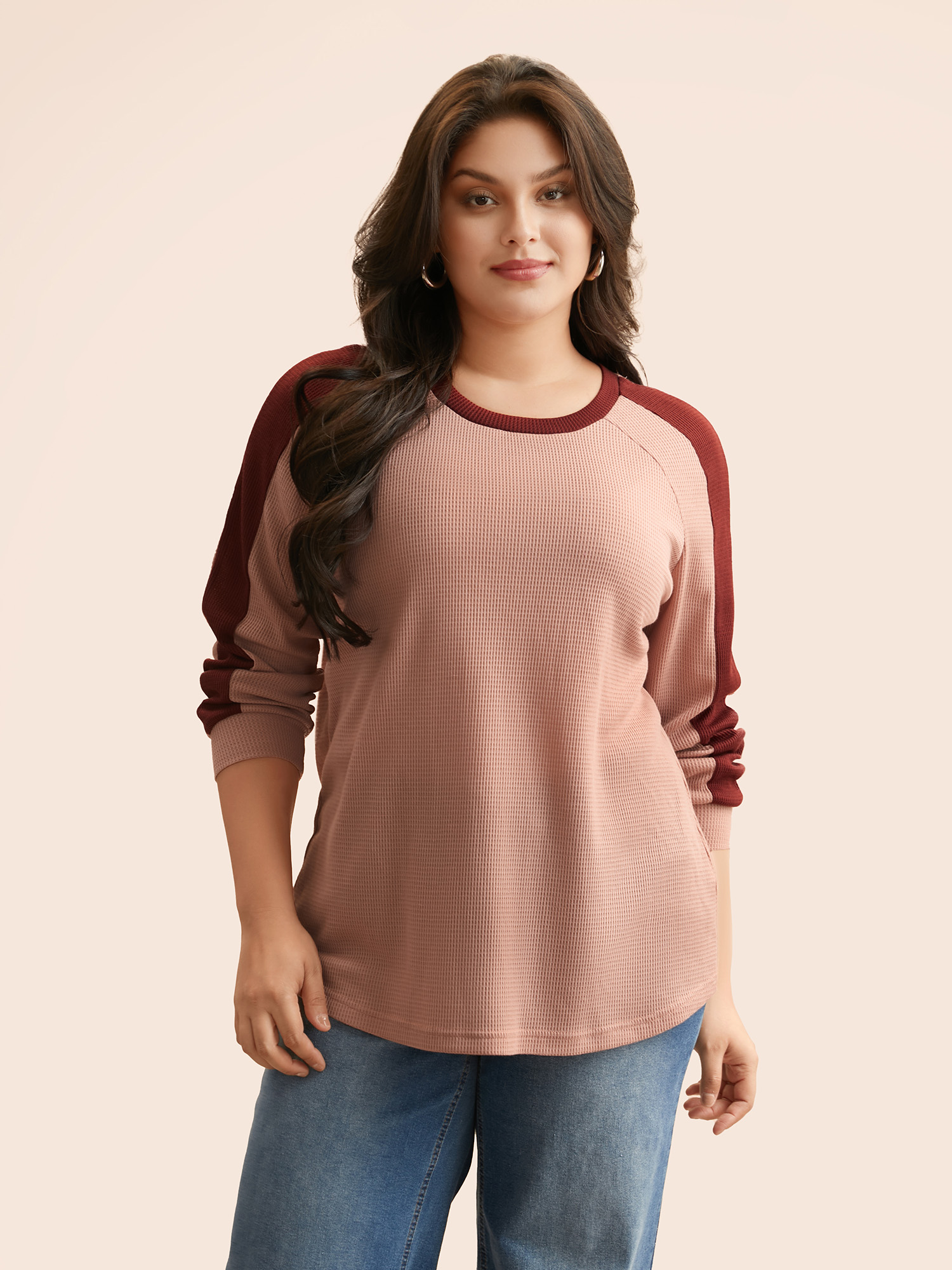 

Plus Size Waffle Knit Contrast Patchwork T-shirt Dirtypink Women Elegant Texture Round Neck Everyday T-shirts BloomChic