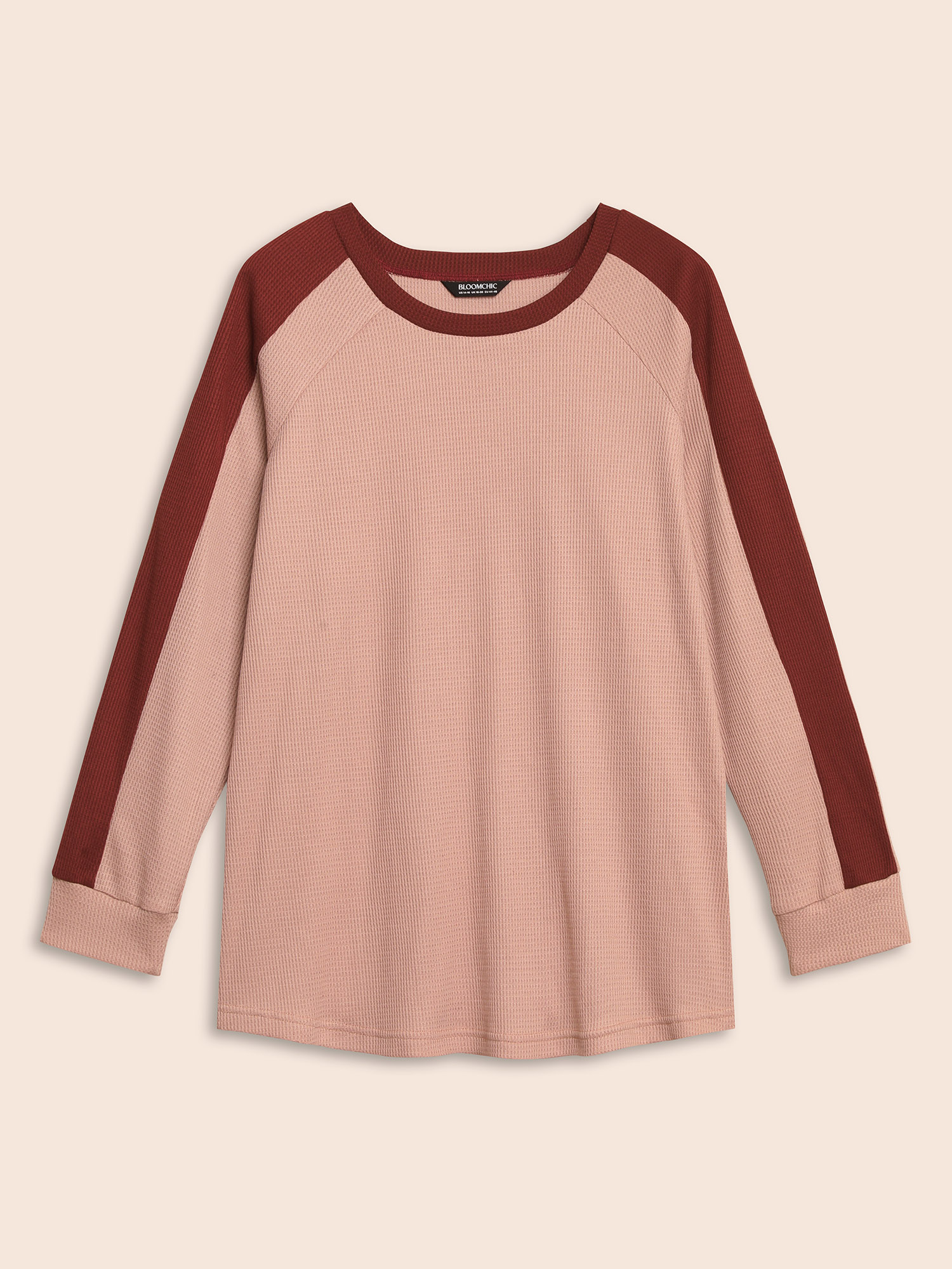 

Plus Size Waffle Knit Contrast Patchwork T-shirt Dirtypink Women Elegant Texture Round Neck Everyday T-shirts BloomChic