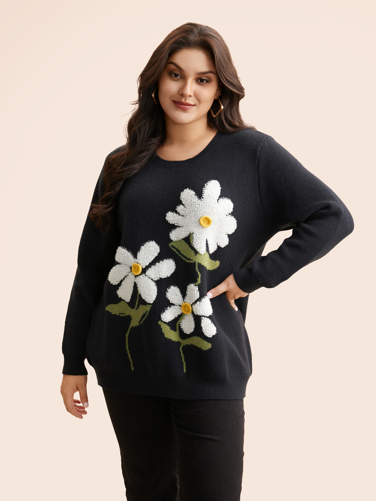 

Plus Size Round Neck Floral Contrast Texture Pullover Indigo Women Casual Long Sleeve Round Neck Everyday Pullovers BloomChic