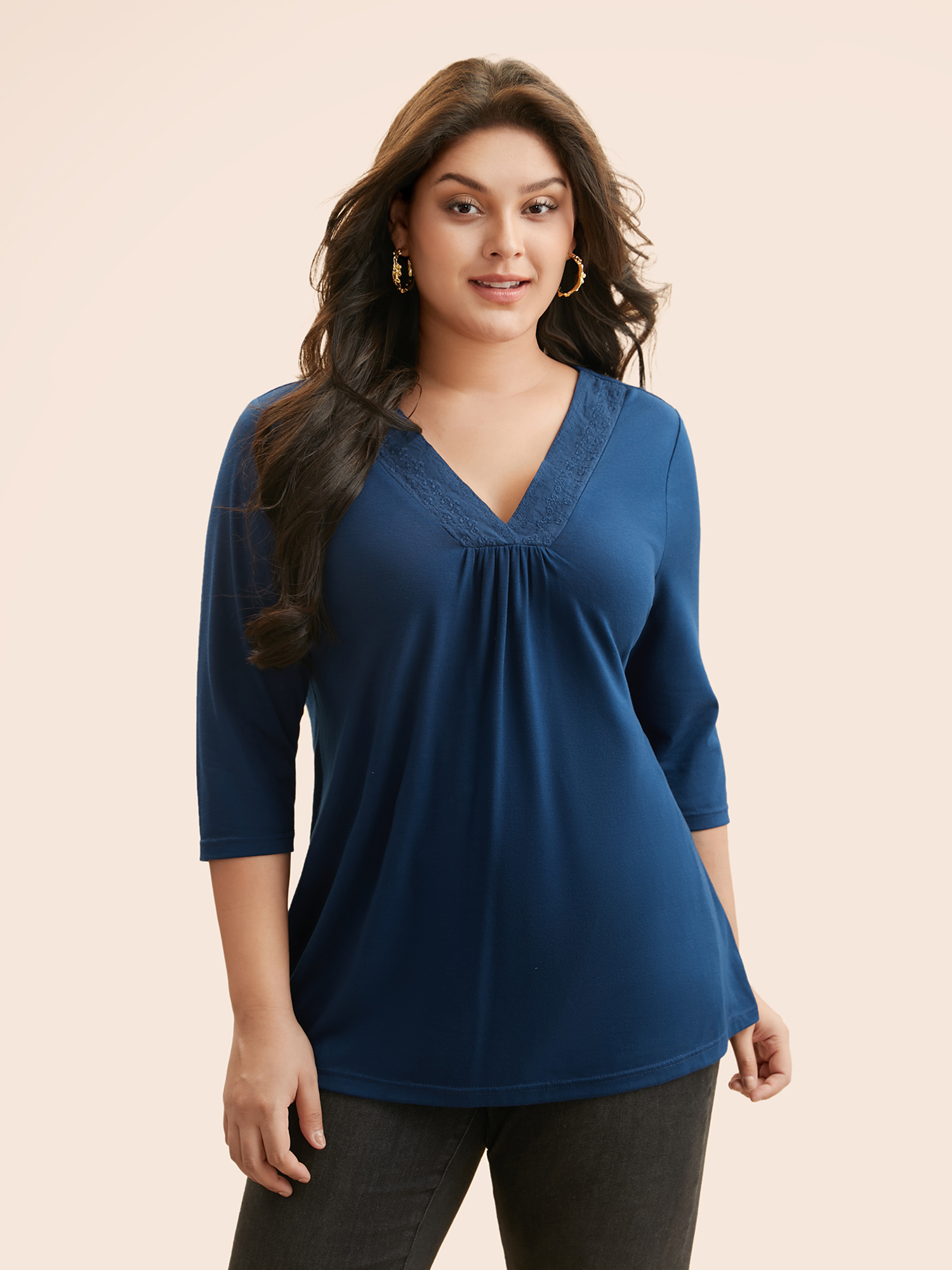 

Plus Size V Neck Embroidered Patchwork Gathered T-shirt Indigo Women Elegant Gathered V-neck Everyday T-shirts BloomChic