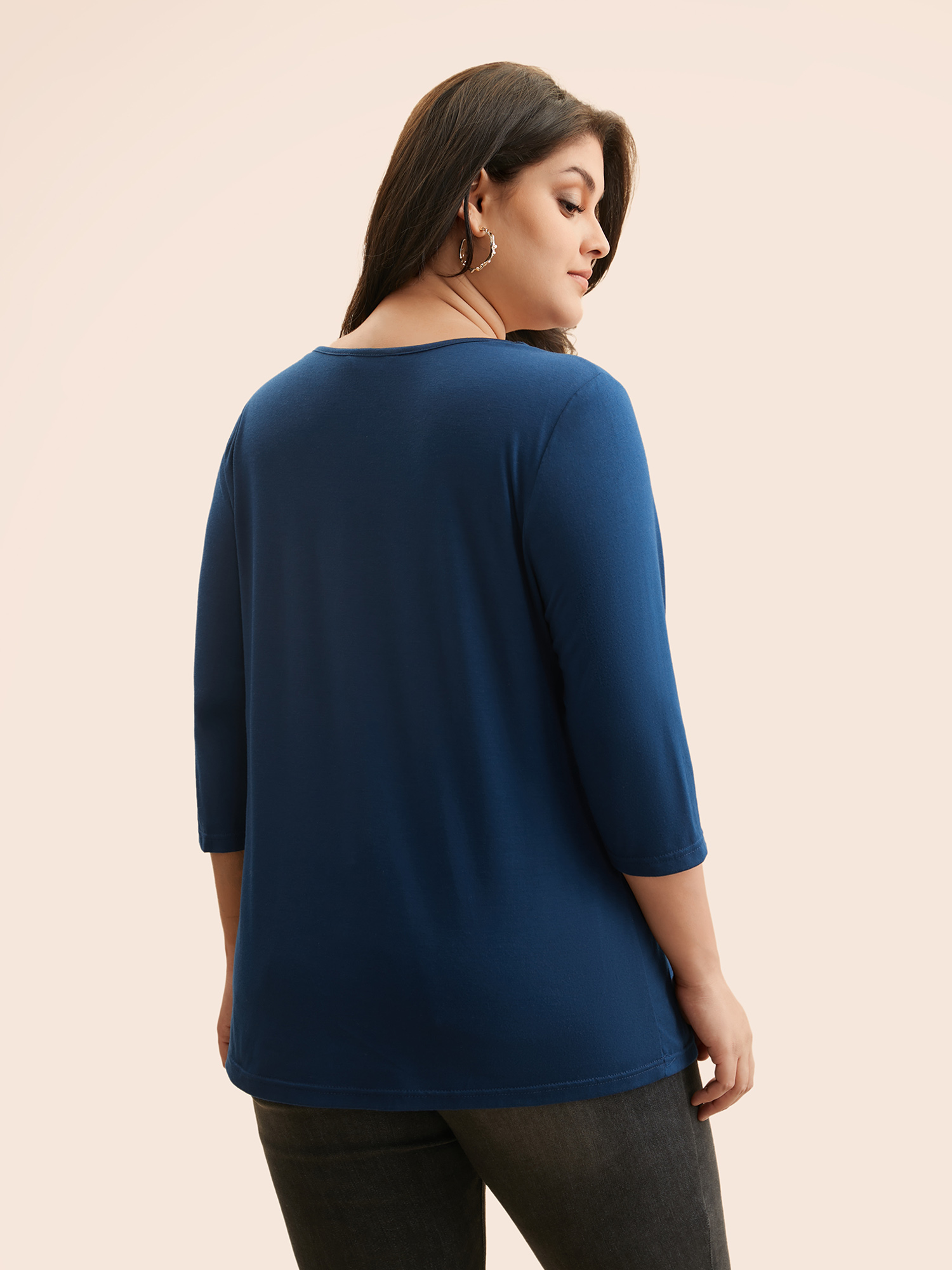 

Plus Size V Neck Embroidered Patchwork Gathered T-shirt Indigo V-neck Elbow-length sleeve Elegant Jersey Tops