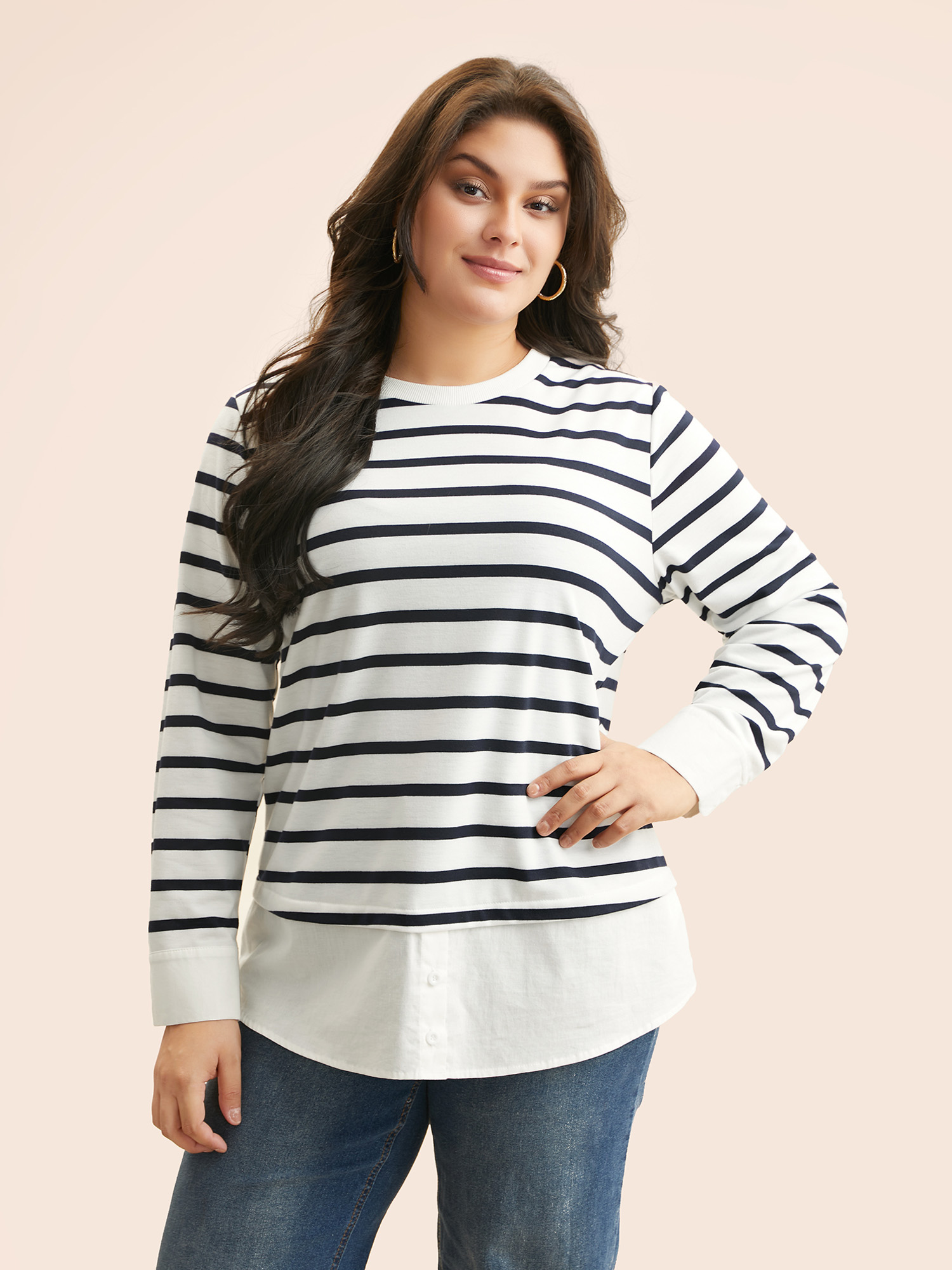 

Plus Size 2-In-1 Striped Patchwork Button Detail Sweatshirt Women Navy Casual Contrast Round Neck Everyday Sweatshirts BloomChic