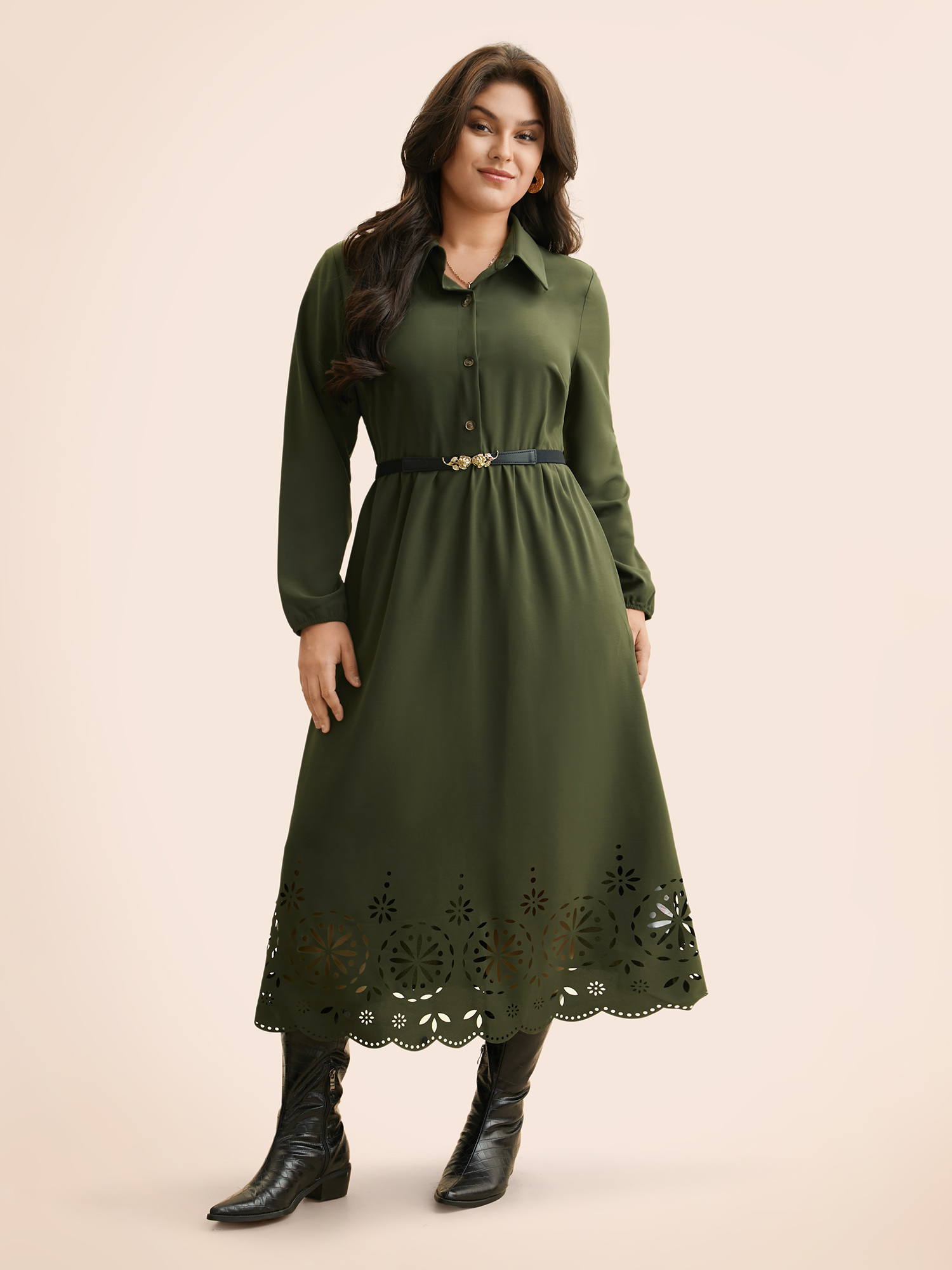 

Plus Size Shirt Collar Laser Cut Midi Dress ArmyGreen Women Elegant Cut-Out Shirt collar Long Sleeve Curvy BloomChic