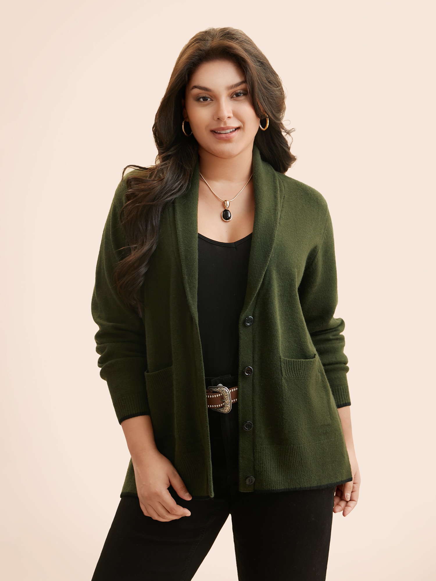 

Plus Size Supersoft Essentials Solid Shawl Collar Cardigan ArmyGreen Women Casual Loose Long Sleeve Everyday Cardigans BloomChic