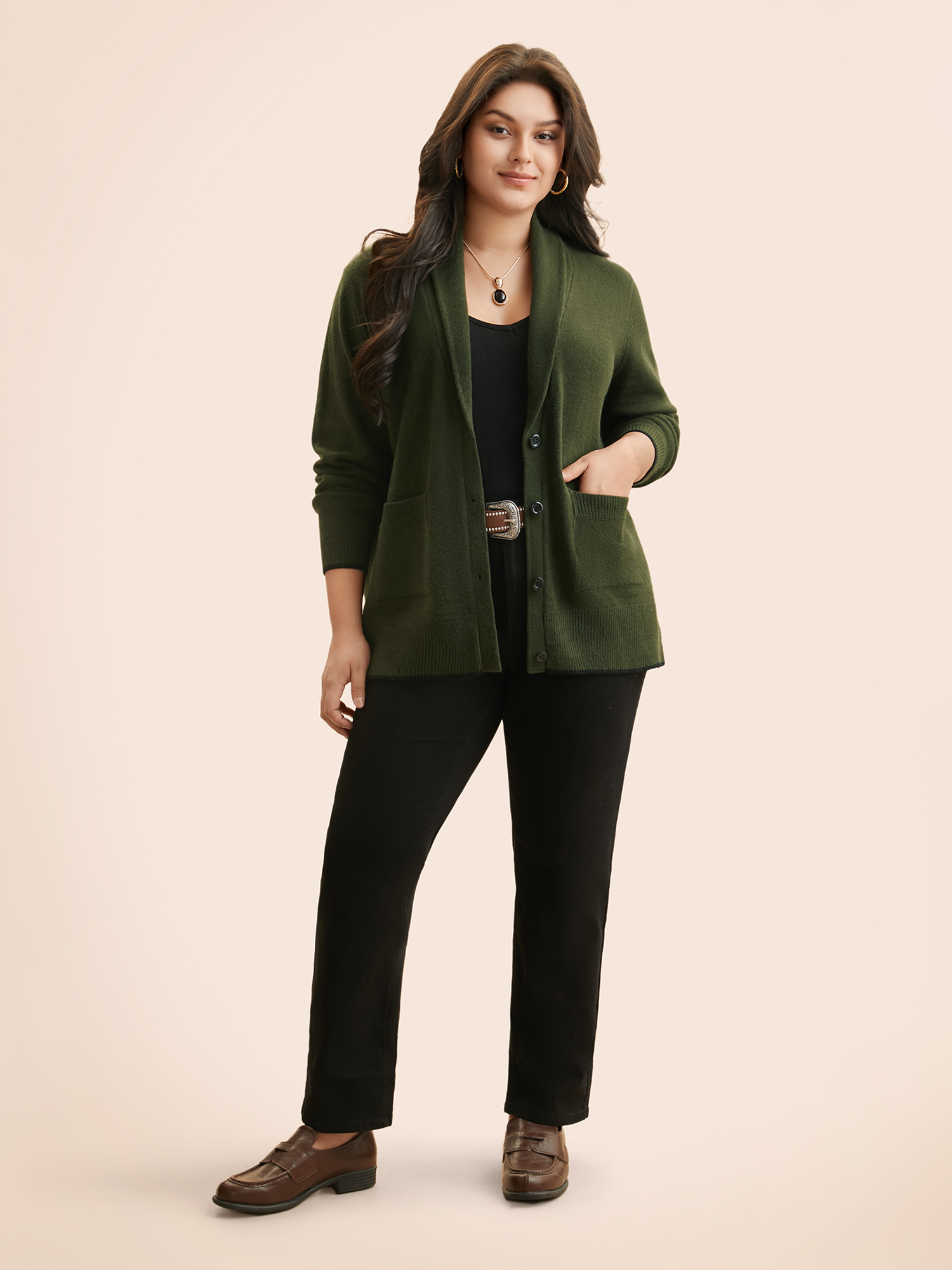 Plus Size Supersoft Essentials Solid Shawl Collar Cardigan ArmyGreen Women Casual Loose Long Sleeve Everyday Cardigans BloomChic 26/4X 