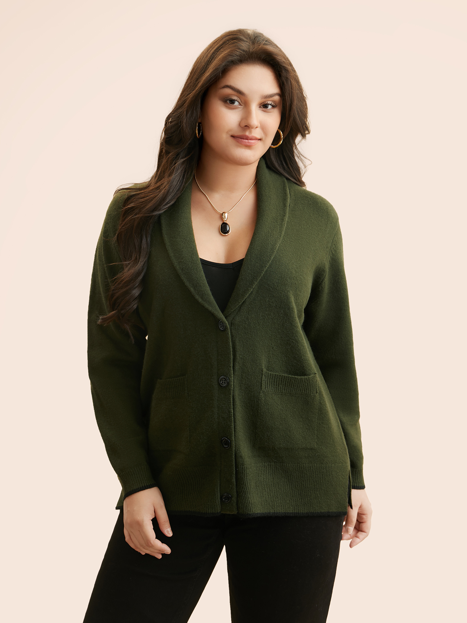 Plus Size Supersoft Essentials Solid Shawl Collar Cardigan ArmyGreen Women Casual Loose Long Sleeve Everyday Cardigans BloomChic 26/4X 