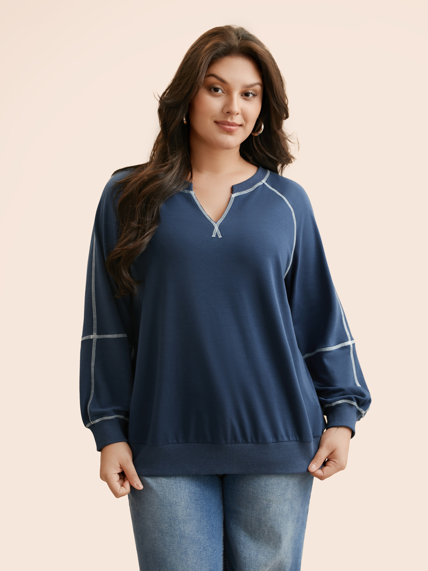 

Plus Size Notched Raglan Sleeve Patchwork Stitch Sweatshirt Women Mediumblue Casual Topstitching Loose Non Everyday Sweatshirts BloomChic