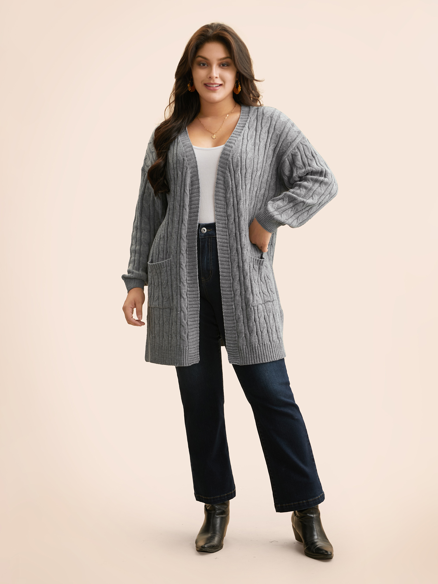 

Plus Size Cable Knit Drop Shoulder Sleeve Cardigan Mediumgray Women Casual Loose Long Sleeve Everyday Cardigans BloomChic