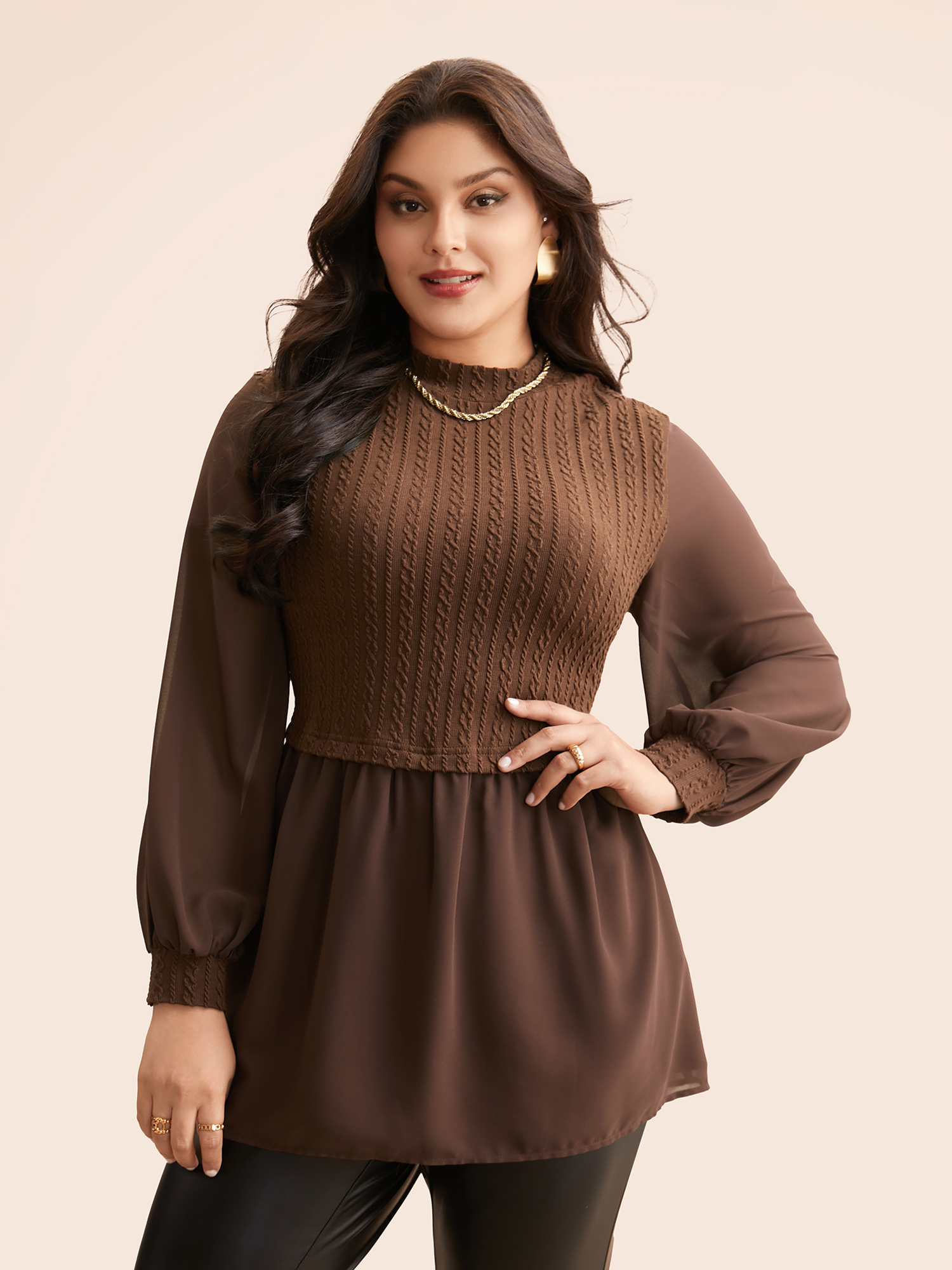 

Plus Size Jacquard Patchwork Mesh Lantern Sleeve T-shirt DarkBrown Women Casual See through Mock Neck Bodycon Everyday T-shirts BloomChic