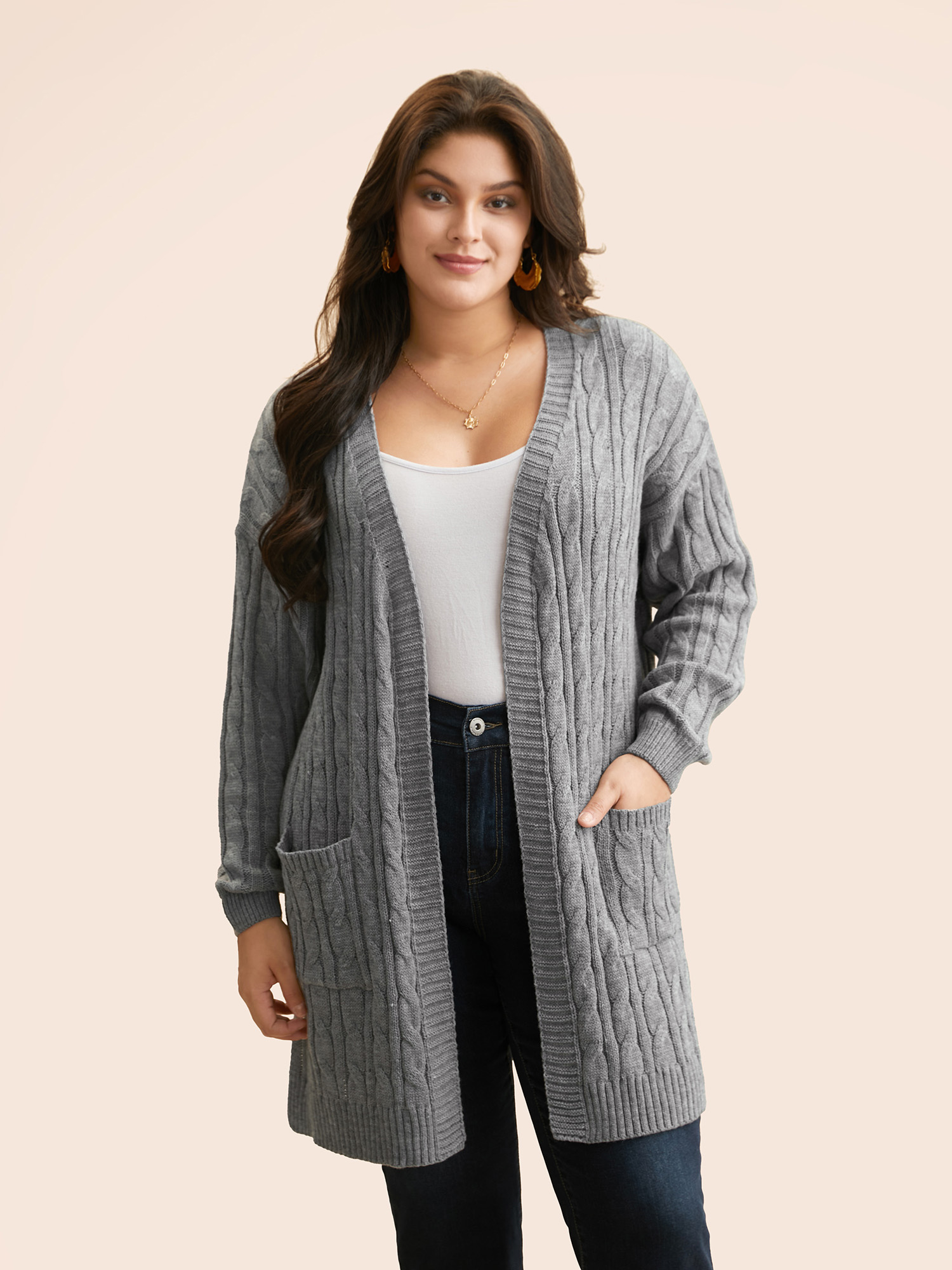 

Plus Size Cable Knit Drop Shoulder Sleeve Cardigan Mediumgray Women Casual Loose Long Sleeve Everyday Cardigans BloomChic