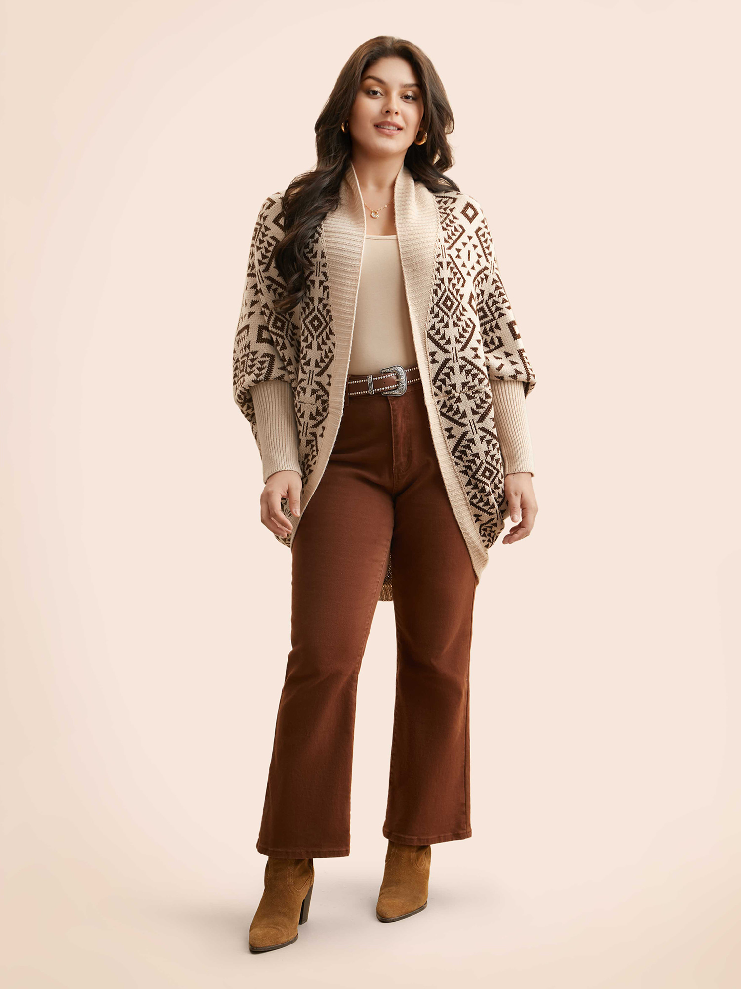 Plus Size Bandana Geometric Dolman Sleeve Cardigan DarkBrown Women Casual Loose Long Sleeve Everyday Cardigans BloomChic 12/L 