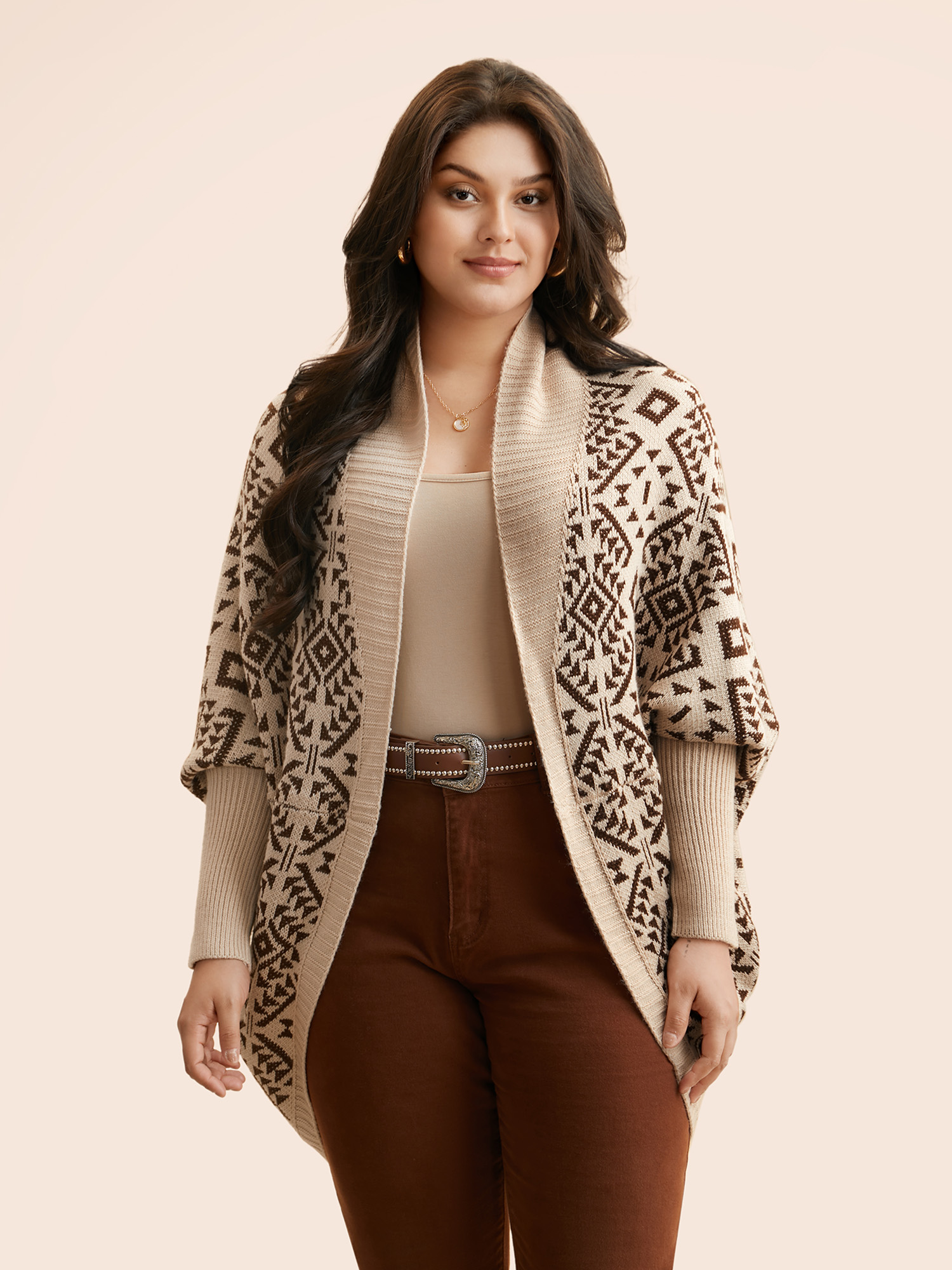Plus Size Bandana Geometric Dolman Sleeve Cardigan DarkBrown Women Casual Loose Long Sleeve Everyday Cardigans BloomChic 12/L 