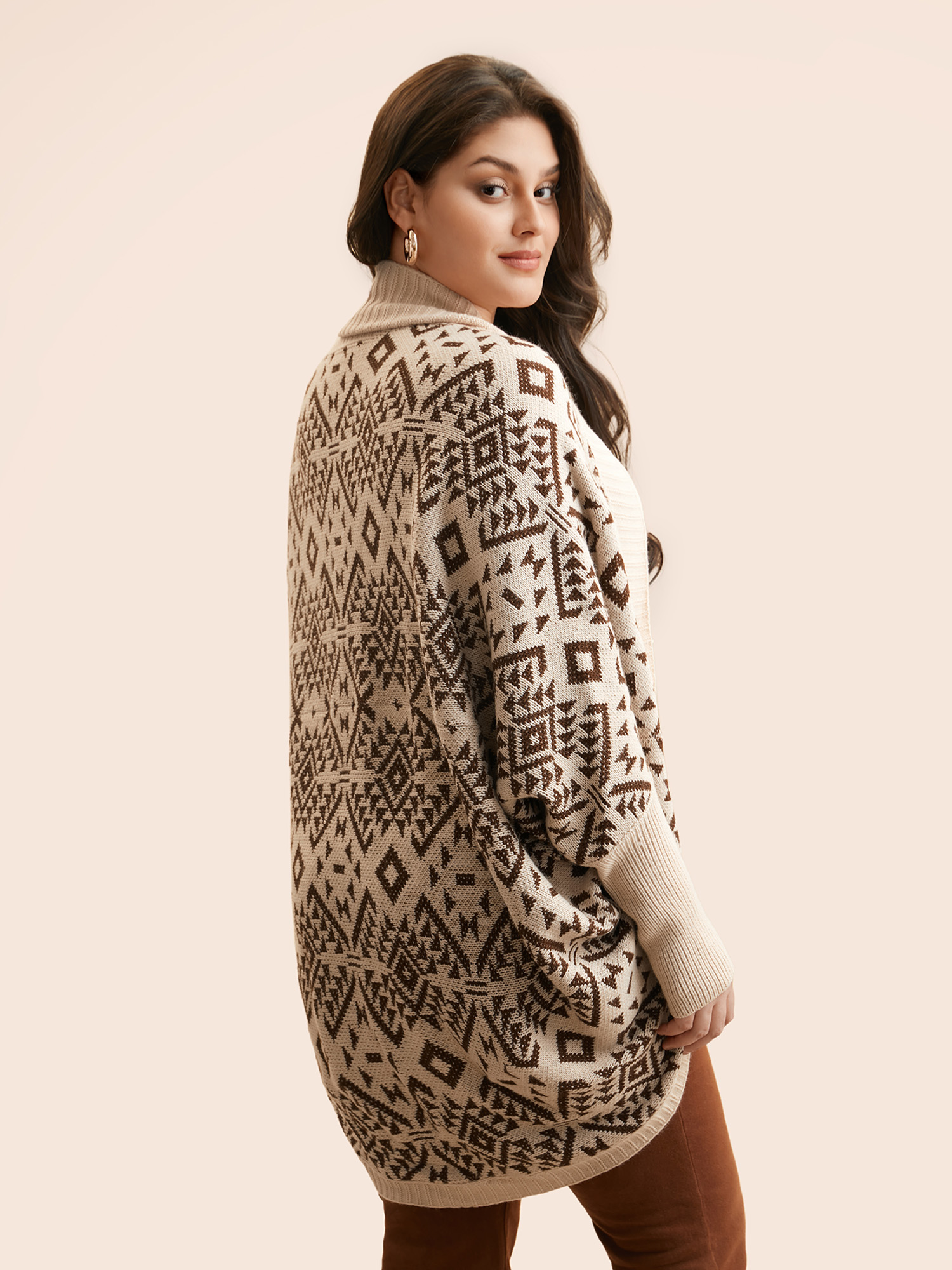 Plus Size Bandana Geometric Dolman Sleeve Cardigan DarkBrown Women Casual Loose Long Sleeve Everyday Cardigans BloomChic 12/L 