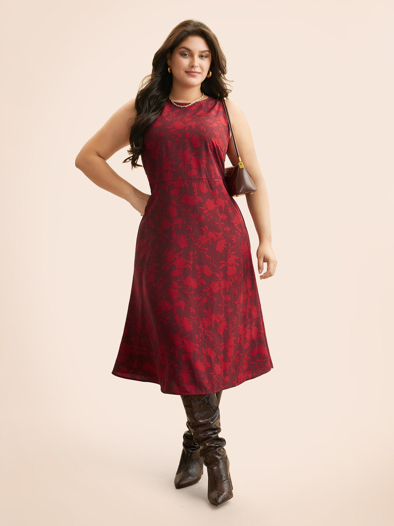 

Plus Size Silhouette Floral Print Shirred Tank Dress Burgundy Women Elegant Shirred Round Neck Sleeveless Curvy BloomChic