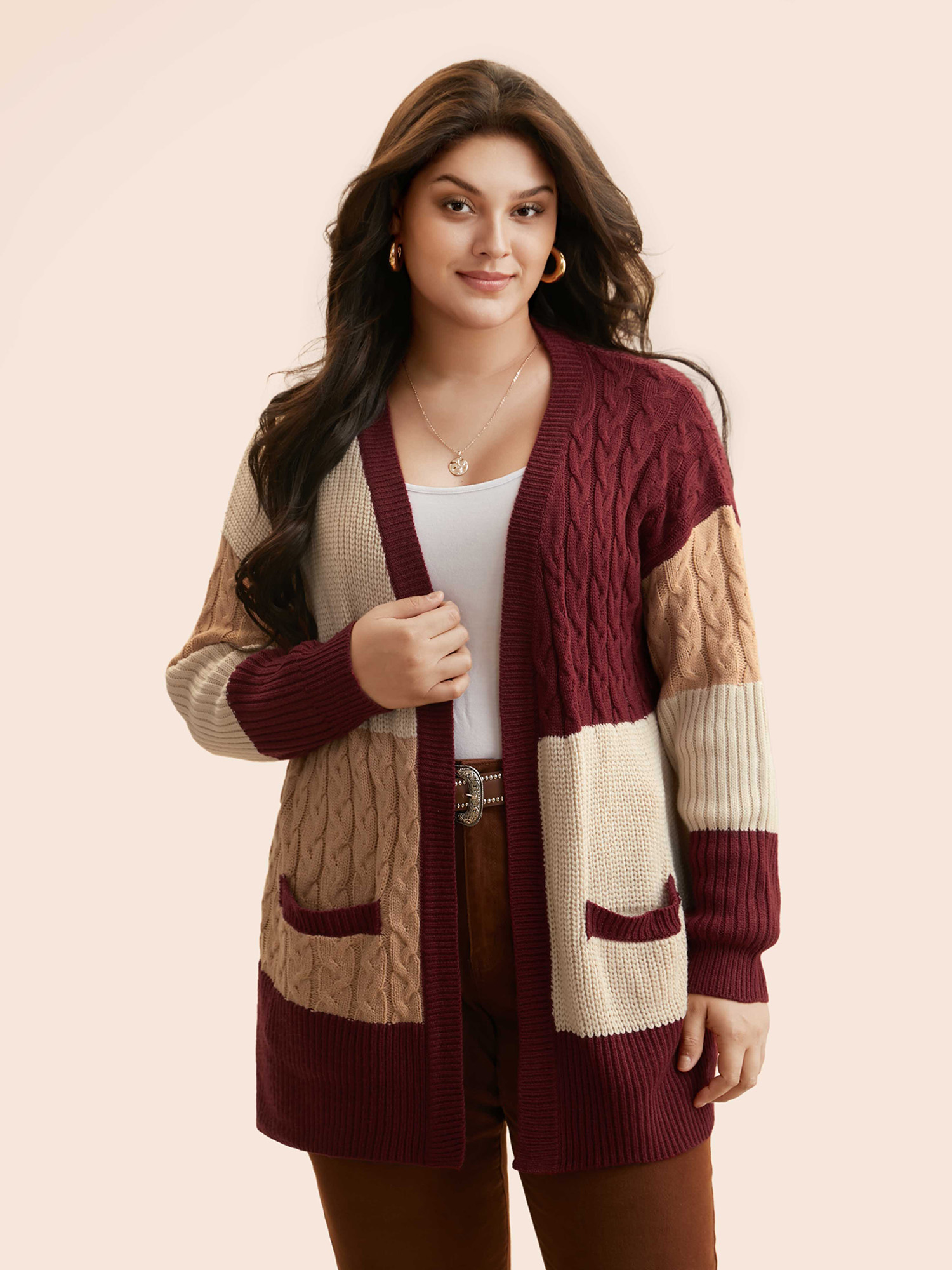 

Plus Size Colorblock Contrast Cable Knit Pocket Cardigan Maroon Women Casual Loose Long Sleeve Everyday Cardigans BloomChic