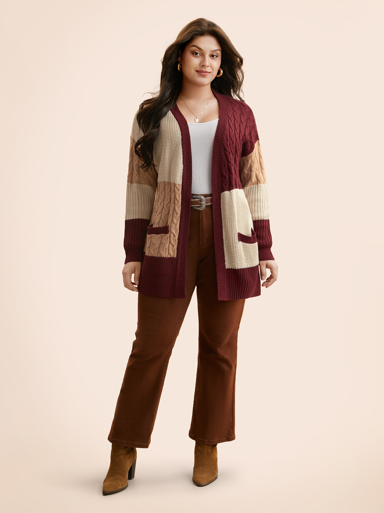 Plus Size Colorblock Contrast Cable Knit Pocket Cardigan Maroon Women Casual Loose Long Sleeve Everyday Cardigans BloomChic 10/M 